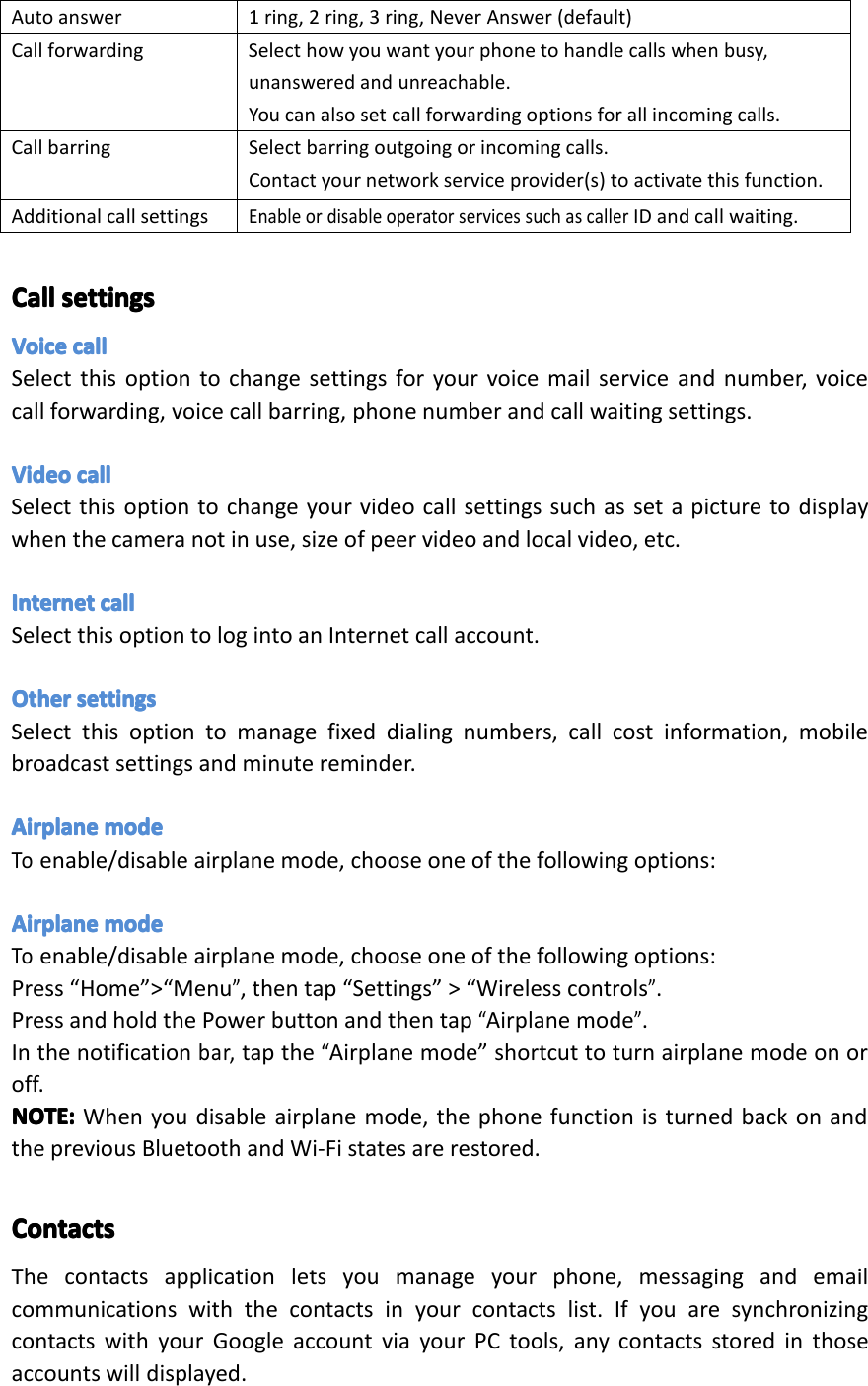 Autoanswer1ring,2ring,3ring,NeverAnswer(default)CallforwardingSelecthowyouwantyourphonetohandlecallswhenbusy,unansweredandunreachable.Youcanalsosetcallforwardingoptionsforallincomingcalls.CallbarringSelectbarringoutgoingorincomingcalls.Contactyournetworkserviceprovider(s)toactivatethisfunction.AdditionalcallsettingsEnableordisableoperatorservicessuchascallerIDandcallwaiting.CallCallCallCallsettingsse ttingssettingssettingsVoiceVoiceVoiceVoicecallca llcallcallSelectthisoptiontochangesettingsforyourvoicemailserviceandnumber,voicecallforwarding,voicecallbarring,phonenumberandcallwaitingsettings.VideoVideoVideoVideocallca llcallcallSelectthisoptiontochangeyourvideocallsettingssuchassetapicturetodisplaywhenthecameranotinuse,sizeofpeervideoandlocalvideo,etc.InternetInternetInternetInternetcallca llcallcallSelectthisoptiontologintoanInternetcallaccount.OtherOtherOtherOthersettingsse ttingssettingssettingsSelectthisoptiontomanagefixeddialingnumbers,callcostinformation,mobilebroadcastsettingsandminutereminder.AirplaneAirplaneAirplaneAirplanemodemo demodemodeToenable/disableairplanemode,chooseoneofthefollowingoptions:AirplaneAirplaneAirplaneAirplanemodemo demodemodeToenable/disableairplanemode,chooseoneofthefollowingoptions:Press&ldquo;Home&rdquo;>&ldquo;Menu&rdquo;,thentap&ldquo;Settings&rdquo;>&ldquo;Wirelesscontrols&rdquo;.PressandholdthePowerbuttonandthentap&ldquo;Airplanemode&rdquo;.Inthenotificationbar,tapthe&ldquo;Airplanemode&rdquo;shortcuttoturnairplanemodeonoroff.NOTE:NOTE:NOTE:NOTE:Whenyoudisableairplanemode,thephonefunctionisturnedbackonandthepreviousBluetoothandWi-Fistatesarerestored.ContactsContactsContactsContactsThecontactsapplicationletsyoumanageyourphone,messagingandemailcommunicationswiththecontactsinyourcontactslist.IfyouaresynchronizingcontactswithyourGoogleaccountviayourPCtools,anycontactsstoredinthoseaccountswilldisplayed.Page18Operation
