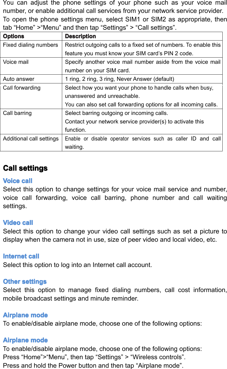 Youcanadjustthephonesettingsofyourphonesuchasyourvoicemailnumber,orenableadditionalcallservicesfromyournetworkserviceprovider.Toopenthephonesettingsmenu,selectSIM1orSIM2asappropriate,thentab&ldquo;Home&rdquo;>&ldquo;Menu&rdquo;andthentap&ldquo;Settings&rdquo;>&ldquo;Callsettings&rdquo;.Options Options Options OptionsDescription Description Description DescriptionFixeddialingnumbersRestrictoutgoingcallstoafixedsetofnumbers.ToenablethisfeatureyoumustknowyourSIMcard&rsquo;sPIN2code.VoicemailSpecifyanothervoicemailnumberasidefromthevoicemailnumberonyourSIMcard.Autoanswer1ring,2ring,3ring,NeverAnswer(default)CallforwardingSelecthowyouwantyourphonetohandlecallswhenbusy,unansweredandunreachable.Youcanalsosetcallforwardingoptionsforallincomingcalls.CallbarringSelectbarringoutgoingorincomingcalls.Contactyournetworkserviceprovider(s)toactivatethisfunction.AdditionalcallsettingsEnableordisableoperatorservicessuchascallerIDandcallwaiting.Call Call Call Callsettings settings settings settingsVoice Voice Voice Voicecall call call callSelectthisoptiontochangesettingsforyourvoicemailserviceandnumber,voicecallforwarding,voicecallbarring,phonenumberandcallwaitingsettings.Video Video Video Videocall call call callSelectthisoptiontochangeyourvideocallsettingssuchassetapicturetodisplaywhenthecameranotinuse,sizeofpeervideoandlocalvideo,etc.Internet Internet Internet Internetcall call call callSelectthisoptiontologintoanInternetcallaccount.Other Other Other Othersettings settings settings settingsSelectthisoptiontomanagefixeddialingnumbers,callcostinformation,mobilebroadcastsettingsandminutereminder.Airplane Airplane Airplane Airplanemode mode mode modeToenable/disableairplanemode,chooseoneofthefollowingoptions:Airplane Airplane Airplane Airplanemode mode mode modeToenable/disableairplanemode,chooseoneofthefollowingoptions:Press&ldquo;Home&rdquo;>&ldquo;Menu&rdquo;,thentap&ldquo;Settings&rdquo;>&ldquo;Wirelesscontrols&rdquo;.PressandholdthePowerbuttonandthentap&ldquo;Airplanemode&rdquo;.Page17Operation
