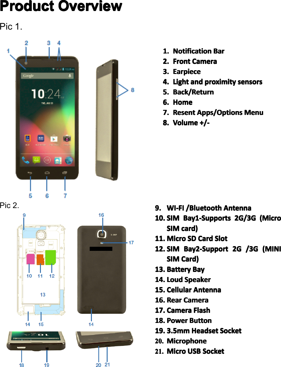 Product Product Product ProductOverview Overview Overview OverviewPic1.Pic2.1. 1. 1. 1.Notification Notification Notification NotificationBar Bar Bar Bar2. 2. 2. 2.Front Front Front FrontCamera Camera Camera Camera3. 3. 3. 3.Earpiece Earpiece Earpiece Earpiece4. 4.4. 4.Light Light Light Lightand and and andproximity proximity proximity proximitysensors sensors sensors sensors5. 5. 5. 5.Back/Return Back/Return Back/Return Back/Return6. 6.6. 6.Home Home Home Home7. 7. 7. 7.Resent Resent Resent ResentApps/Options Apps/Options Apps/Options Apps/OptionsMenu Menu Menu Menu8. 8. 8. 8.Volume Volume Volume Volume+/- +/- +/- +/-9. 9. 9. 9.WI-FI WI-FI WI-FI WI-FI/Bluetooth /Bluetooth /Bluetooth /BluetoothAntenna Antenna Antenna Antenna10. 10. 10. 10.S SSSIM IM IM IMBay1-Supports Bay1-Supports Bay1-Supports Bay1-Supports2G/3G 2G/3G 2G/3G 2G/3G(Micro (Micro (Micro (MicroSSSSIM IMIM IMcard) card) card) card)11. 11. 11. 11.Micro Micro Micro MicroSD SD SD SDCard Card Card CardSlot Slot Slot Slot12. 12. 12. 12.S SSSIM IM IM IMBay2-Support Bay2-Support Bay2-Support Bay2-Support2G 2G 2G 2G/3G /3G /3G /3G( (((MINI MINI MINI MINISSSSIM IMIM IMCard) Card) Card) Card)13. 13. 13. 13.Battery Battery Battery BatteryBay Bay Bay Bay14. 14. 14. 14.Loud Loud Loud LoudSpeaker Speaker Speaker Speaker15. 15. 15. 15.Cellular Cellular Cellular CellularAntenna Antenna Antenna Antenna16. 16. 16. 16.Rear Rear Rear RearCamera Camera Camera Camera17. 17. 17. 17.Camera Camera Camera CameraFlash Flash Flash Flash18. 18. 18. 18.Power Power Power PowerButton Button Button Button19. 19. 19. 19.3.5mm 3.5mm 3.5mm 3.5mmHeadset Headset Headset HeadsetSocket Socket Socket Socket20. 20. 20. 20.Microphone Microphone Microphone Microphone21. 21. 21. 21.Micro Micro Micro MicroUSB USB USB USBSocket Socket Socket SocketPage7ProductionOverview