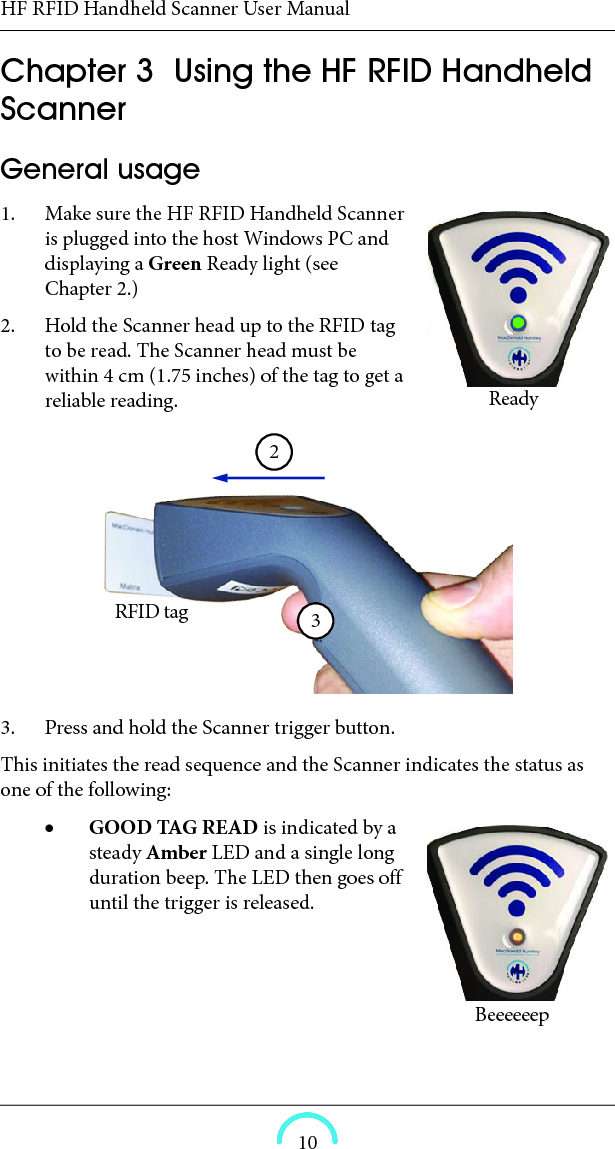HF RFID Handheld Scanner User Manual10HF RFID Handheld Scanner User ManualHF RFID Handheld ScannerUser ManualChapter  3  Using the HF RFID Handheld Scanner General usage1. Make sure the HF RFID Handheld Scanner is plugged into the host Windows PC and displaying a Green Ready light (see Chapter 2.) 2. Hold the Scanner head up to the RFID tag to be read. The Scanner head must be within 4 cm (1.75 inches) of the tag to get a reliable reading. 3. Press and hold the Scanner trigger button. This initiates the read sequence and the Scanner indicates the status as one of the following: GOOD TAG READ is indicated by a steady Amber LED and a single long duration beep. The LED then goes off until the trigger is released.ReadyRFID tag23Beeeeeep
