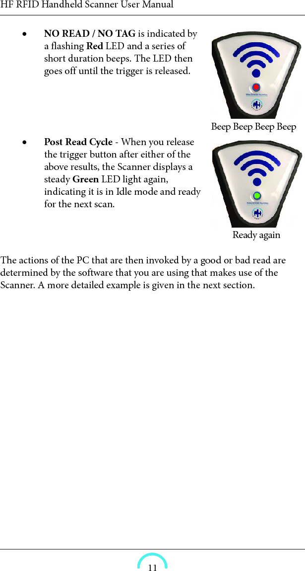 HF RFID Handheld Scanner User Manual11NO READ / NO TAG is indicated by a flashing Red LED and a series of short duration beeps. The LED then goes off until the trigger is released.     Post Read Cycle - When you release the trigger button after either of the above results, the Scanner displays a steady Green LED light again, indicating it is in Idle mode and ready for the next scan.    The actions of the PC that are then invoked by a good or bad read are determined by the software that you are using that makes use of the Scanner. A more detailed example is given in the next section. Beep Beep Beep BeepReady again