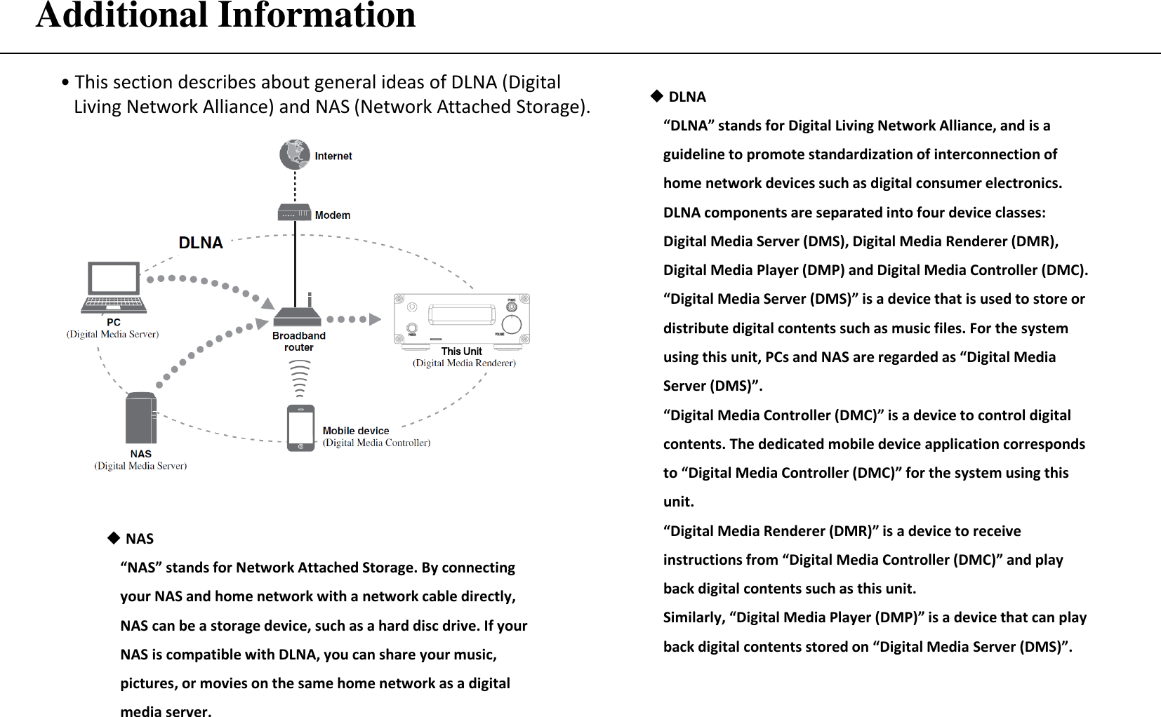 Additional Information • This section describes about general ideas of DLNA (Digital    Living Network Alliance) and NAS (Network Attached Storage). This Unit DLNA     “DLNA” stands for Digital Living Network Alliance, and is a      guideline to promote standardization of interconnection of     home network devices such as digital consumer electronics.     DLNA components are separated into four device classes:      Digital Media Server (DMS), Digital Media Renderer (DMR),     Digital Media Player (DMP) and Digital Media Controller (DMC).     “Digital Media Server (DMS)” is a device that is used to store or        distribute digital contents such as music files. For the system      using this unit, PCs and NAS are regarded as “Digital Media      Server (DMS)”.     “Digital Media Controller (DMC)” is a device to control digital      contents. The dedicated mobile device application corresponds      to “Digital Media Controller (DMC)” for the system using this      unit.     “Digital Media Renderer (DMR)” is a device to receive      instructions from “Digital Media Controller (DMC)” and play     back digital contents such as this unit.     Similarly, “Digital Media Player (DMP)” is a device that can play      back digital contents stored on “Digital Media Server (DMS)”. NAS     “NAS” stands for Network Attached Storage. By connecting         your NAS and home network with a network cable directly,     NAS can be a storage device, such as a hard disc drive. If your      NAS is compatible with DLNA, you can share your music,      pictures, or movies on the same home network as a digital      media server. 
