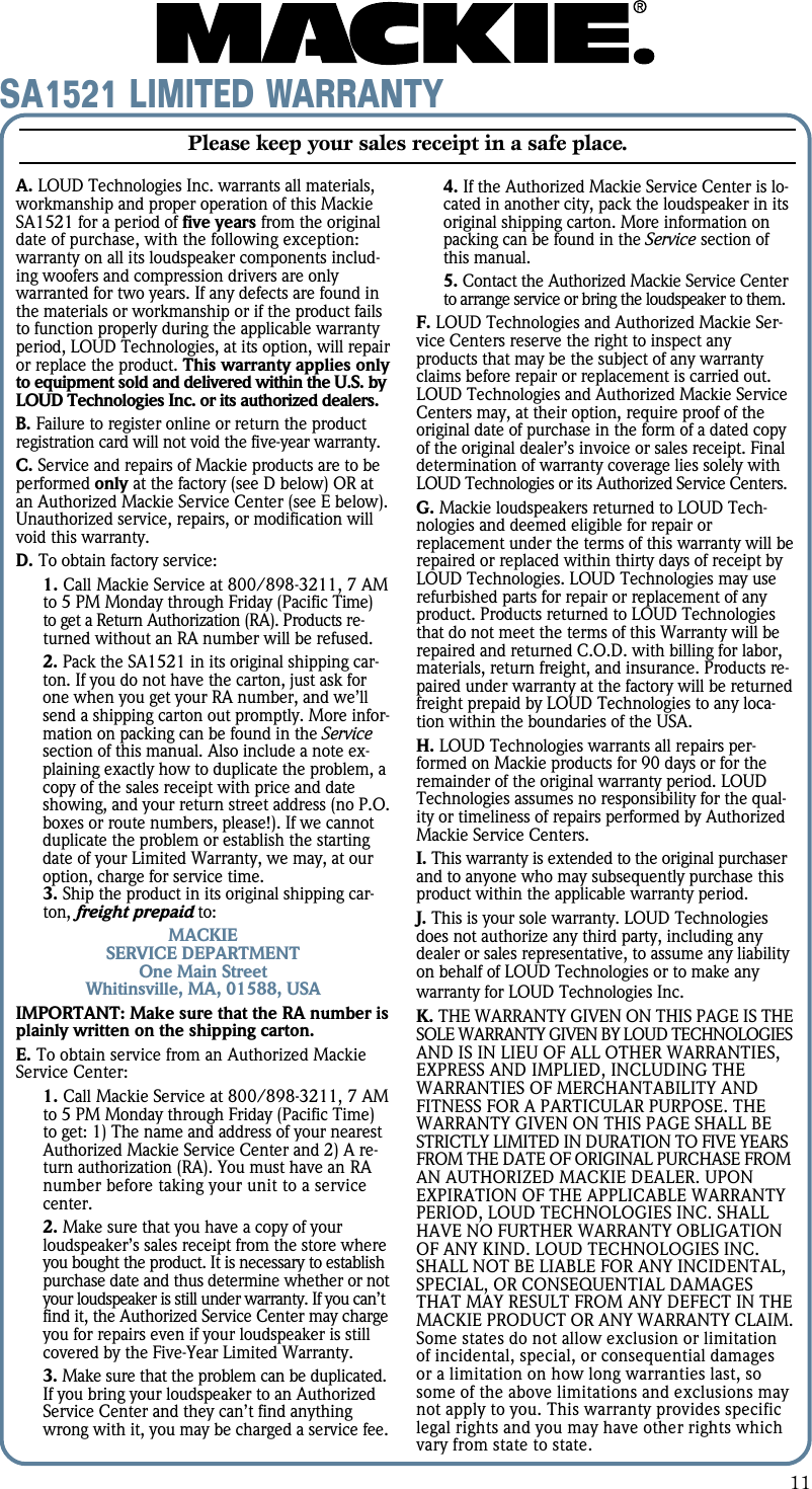 Page 11 of 12 - Mackie Mackie-Sa1521-Users-Manual- SA1521 2-Way Active Speaker System User's Manual  Mackie-sa1521-users-manual