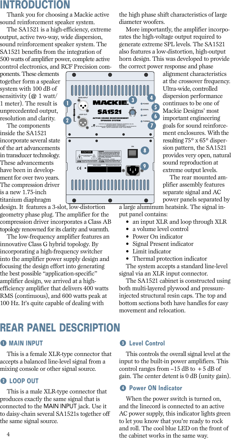 Page 4 of 12 - Mackie Mackie-Sa1521-Users-Manual- SA1521 2-Way Active Speaker System User's Manual  Mackie-sa1521-users-manual