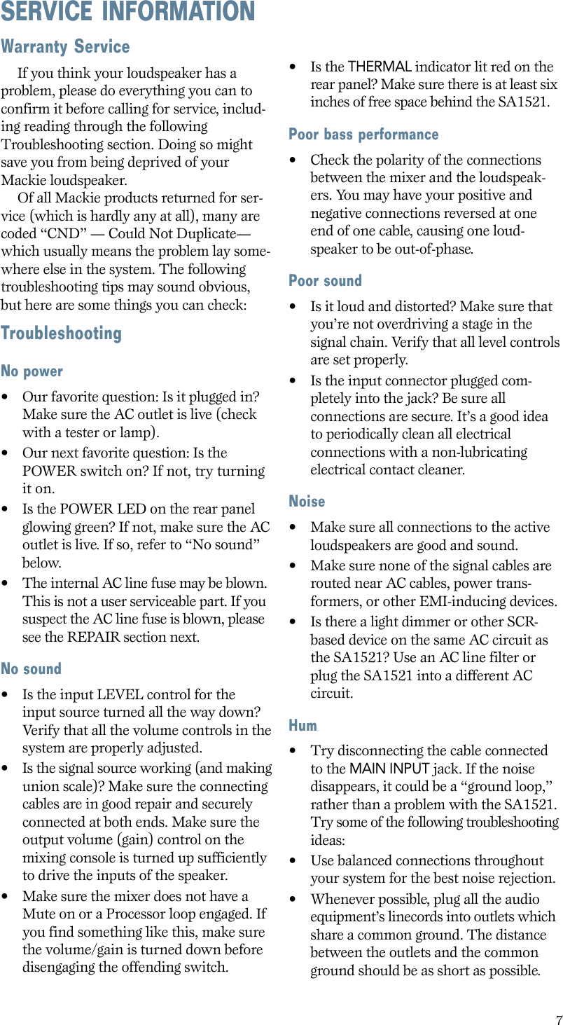 Page 7 of 12 - Mackie Mackie-Sa1521-Users-Manual- SA1521 2-Way Active Speaker System User's Manual  Mackie-sa1521-users-manual
