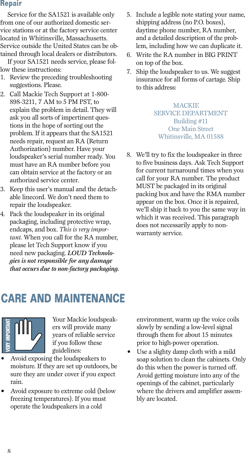 Page 8 of 12 - Mackie Mackie-Sa1521-Users-Manual- SA1521 2-Way Active Speaker System User's Manual  Mackie-sa1521-users-manual
