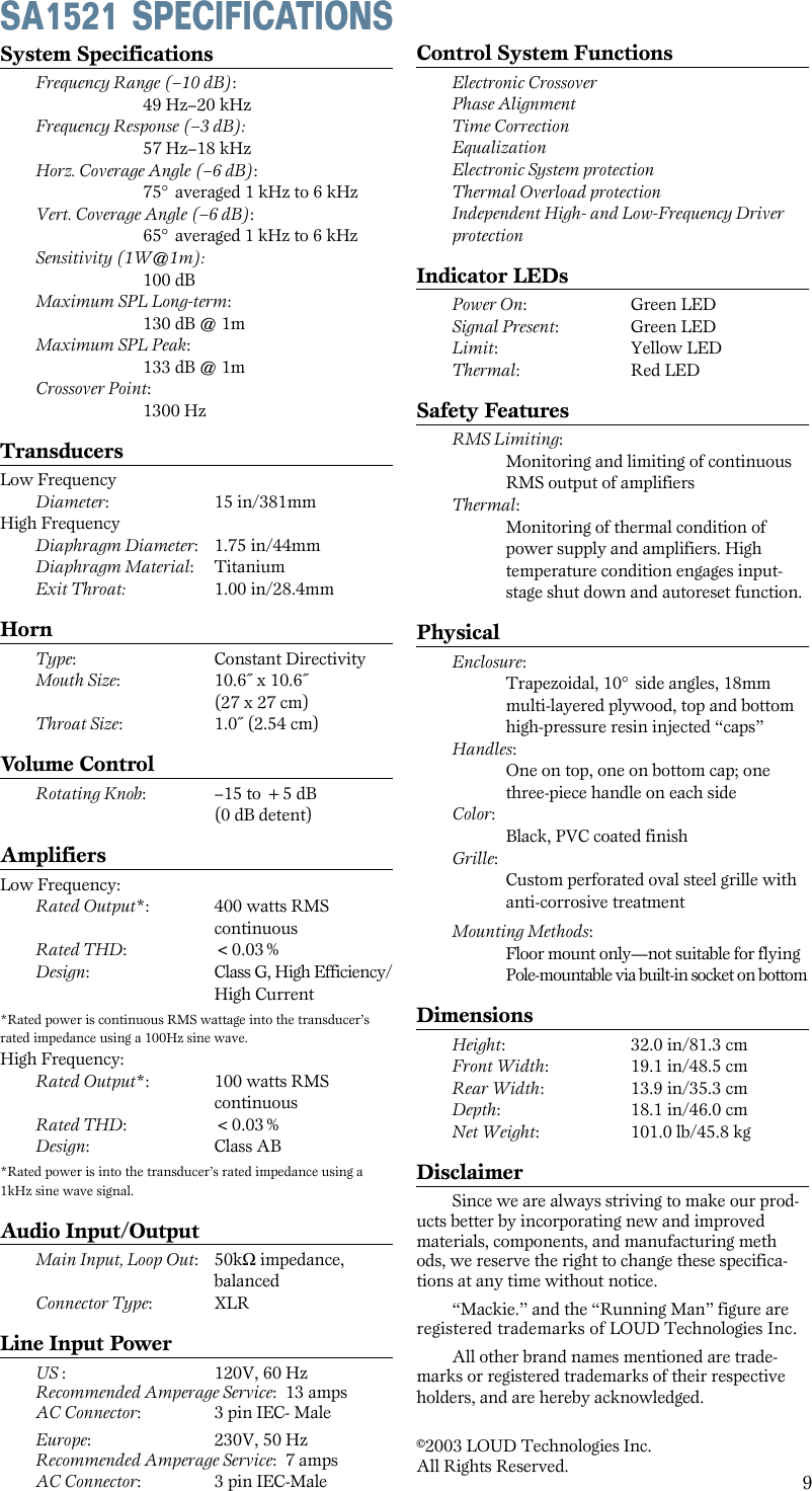 Page 9 of 12 - Mackie Mackie-Sa1521-Users-Manual- SA1521 2-Way Active Speaker System User's Manual  Mackie-sa1521-users-manual