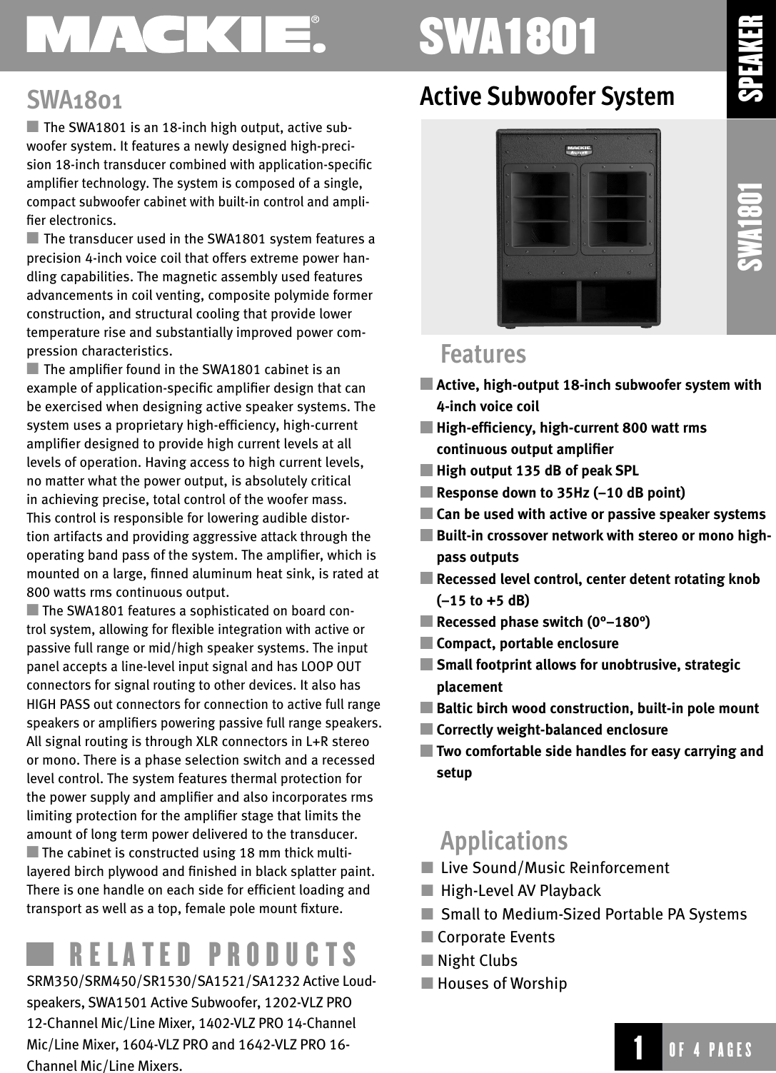 Page 1 of 4 - Mackie Mackie-Swa1801-Users-Manual- SWA1801 Active Subwoofer Spec Sheet  Mackie-swa1801-users-manual