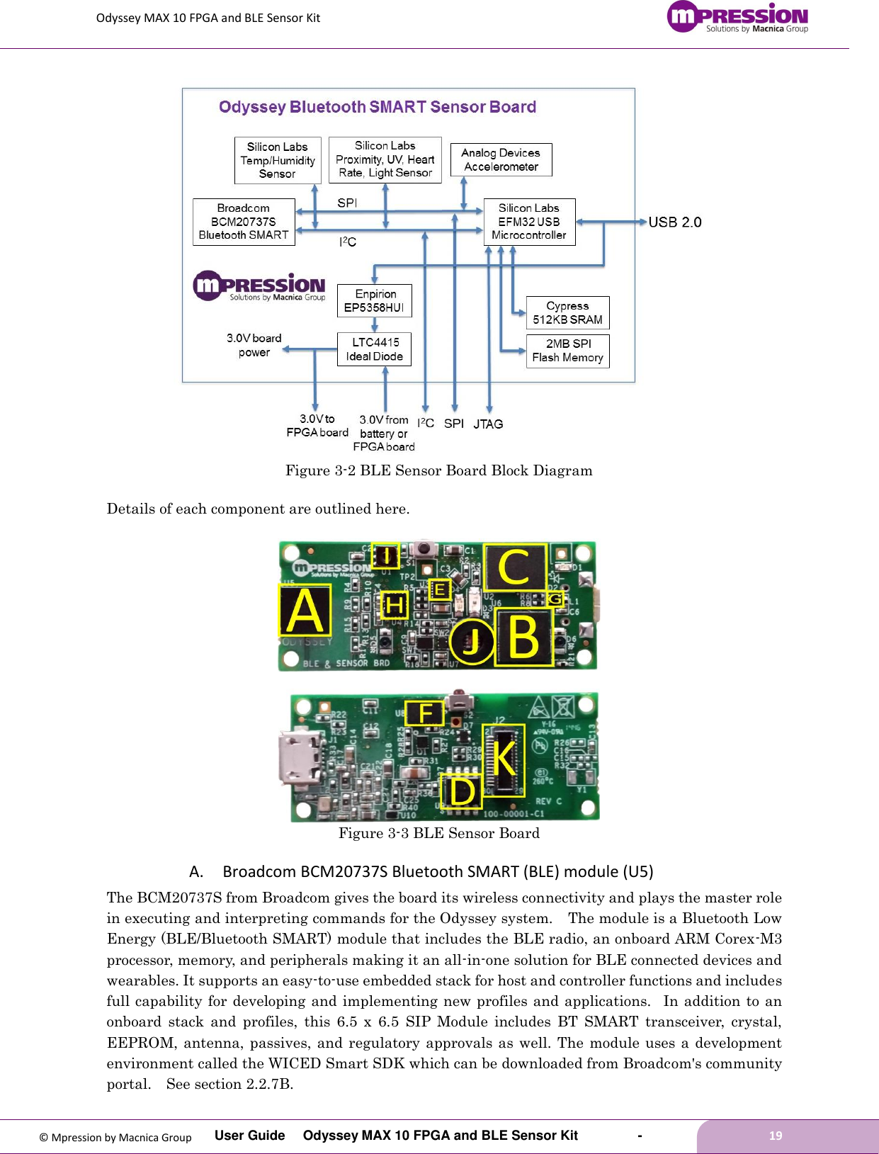 Odyssey MAX 10 FPGA and BLE Sensor Kit         User Guide  Odyssey MAX 10 FPGA and BLE Sensor Kit        -        19  © Mpression by Macnica Group  Figure 3-2 BLE Sensor Board Block Diagram  Details of each component are outlined here.     Figure 3-3 BLE Sensor Board A. Broadcom BCM20737S Bluetooth SMART (BLE) module (U5) The BCM20737S from Broadcom gives the board its wireless connectivity and plays the master role in executing and interpreting commands for the Odyssey system.    The module is a Bluetooth Low Energy (BLE/Bluetooth SMART) module that includes the BLE radio, an onboard ARM Corex-M3 processor, memory, and peripherals making it an all-in-one solution for BLE connected devices and wearables. It supports an easy-to-use embedded stack for host and controller functions and includes full capability for developing and implementing new profiles and applications.   In addition to an onboard  stack  and  profiles,  this  6.5  x  6.5  SIP  Module  includes  BT  SMART  transceiver,  crystal, EEPROM, antenna, passives, and regulatory  approvals as  well.  The module uses a  development environment called the WICED Smart SDK which can be downloaded from Broadcom&apos;s community portal.    See section 2.2.7B.  