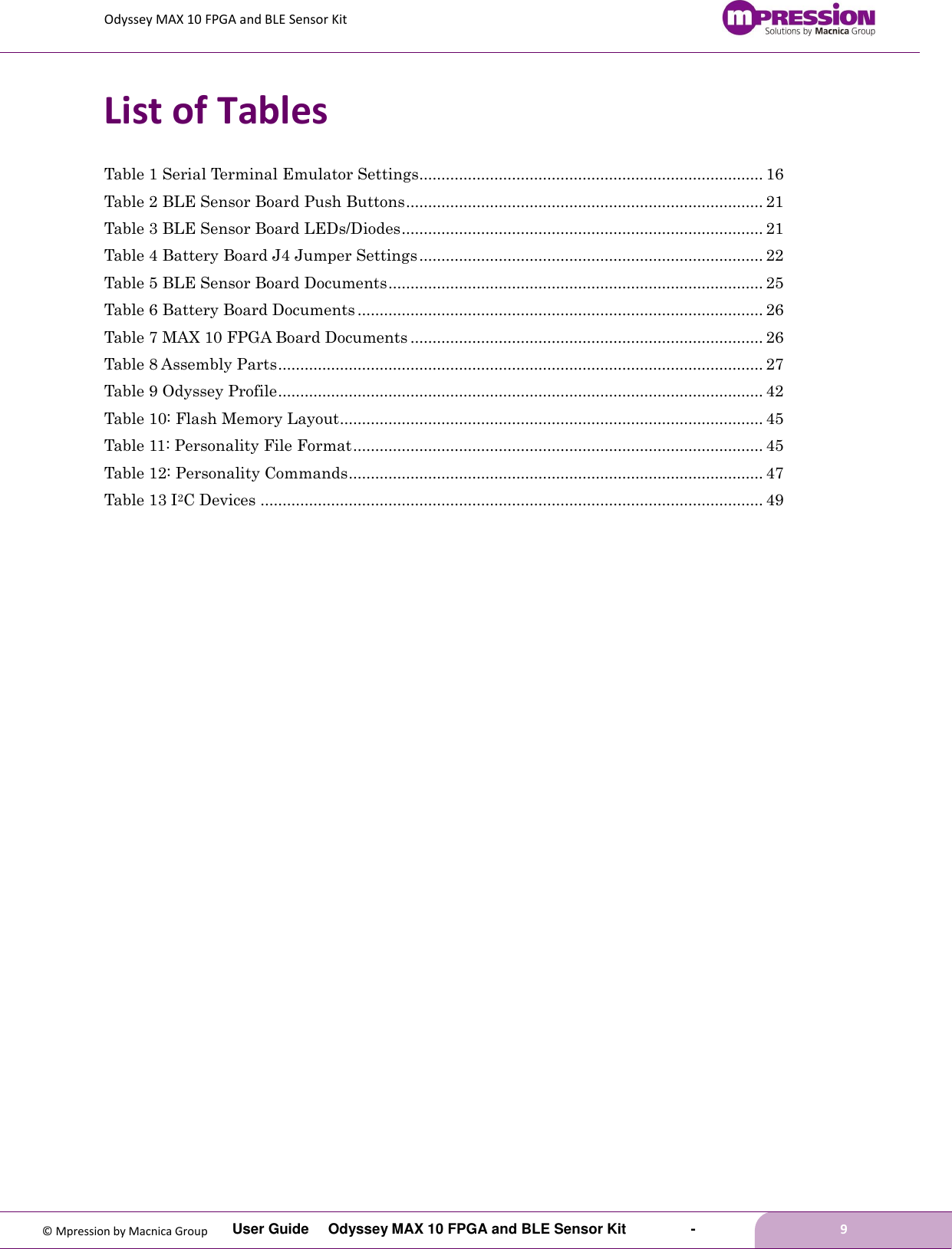 Odyssey MAX 10 FPGA and BLE Sensor Kit         User Guide  Odyssey MAX 10 FPGA and BLE Sensor Kit        -        9  © Mpression by Macnica Group List of Tables Table 1 Serial Terminal Emulator Settings.............................................................................. 16 Table 2 BLE Sensor Board Push Buttons ................................................................................. 21 Table 3 BLE Sensor Board LEDs/Diodes .................................................................................. 21 Table 4 Battery Board J4 Jumper Settings .............................................................................. 22 Table 5 BLE Sensor Board Documents ..................................................................................... 25 Table 6 Battery Board Documents ............................................................................................ 26 Table 7 MAX 10 FPGA Board Documents ................................................................................ 26 Table 8 Assembly Parts .............................................................................................................. 27 Table 9 Odyssey Profile .............................................................................................................. 42 Table 10: Flash Memory Layout ................................................................................................ 45 Table 11: Personality File Format ............................................................................................. 45 Table 12: Personality Commands .............................................................................................. 47 Table 13 I2C Devices .................................................................................................................. 49  