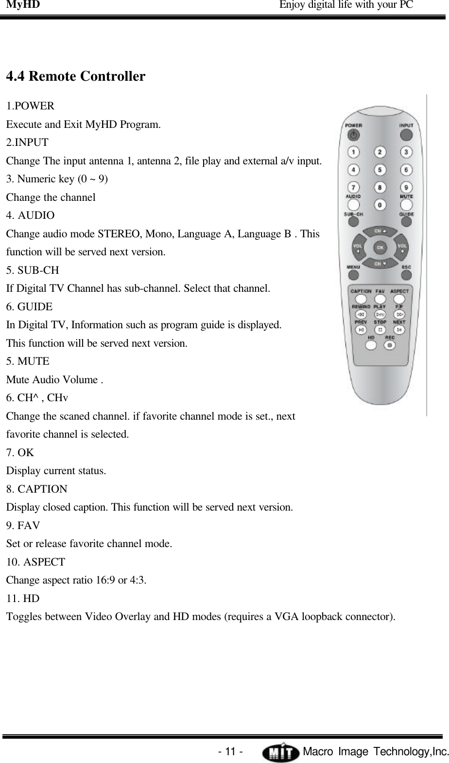 MyHD                                             Enjoy digital life with your PC   - 11 -            Macro Image Technology,Inc. 4.4 Remote Controller 1.POWER Execute and Exit MyHD Program. 2.INPUT Change The input antenna 1, antenna 2, file play and external a/v input. 3. Numeric key (0 ~ 9) Change the channel 4. AUDIO Change audio mode STEREO, Mono, Language A, Language B . This function will be served next version. 5. SUB-CH If Digital TV Channel has sub-channel. Select that channel. 6. GUIDE In Digital TV, Information such as program guide is displayed. This function will be served next version. 5. MUTE Mute Audio Volume . 6. CH^ , CHv Change the scaned channel. if favorite channel mode is set., next favorite channel is selected. 7. OK Display current status. 8. CAPTION Display closed caption. This function will be served next version. 9. FAV Set or release favorite channel mode. 10. ASPECT Change aspect ratio 16:9 or 4:3. 11. HD Toggles between Video Overlay and HD modes (requires a VGA loopback connector).   