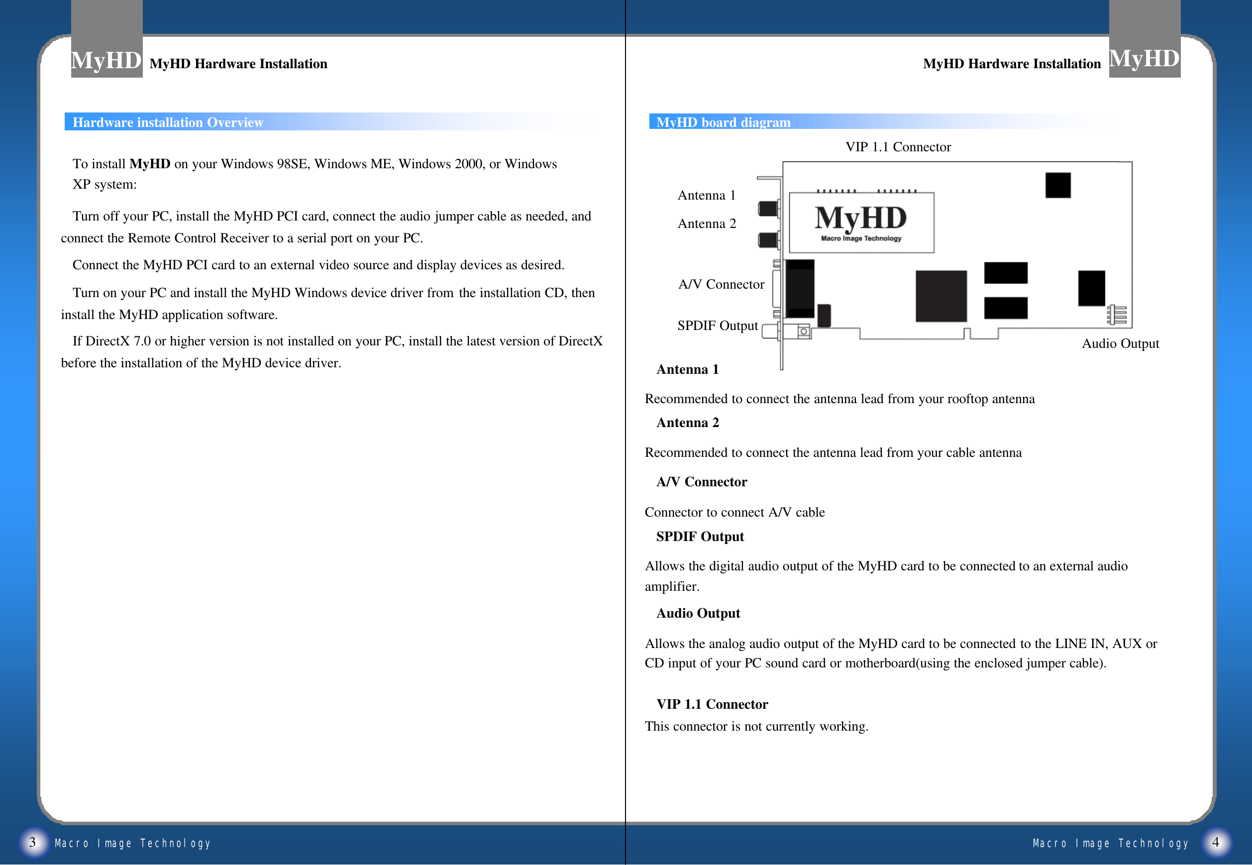 Macro Image TechnologyMyHDMacro Image TechnologyMyHDHardware installation OverviewTurn off your PC, install the MyHD PCI card, connect the audio jumper cable as needed, and connect the Remote Control Receiver to a serial port on your PC.Connect the MyHD PCI card to an external video source and display devices as desired.Turn on your PC and install the MyHD Windows device driver from the installation CD, then install the MyHD application software. If DirectX 7.0 or higher version is not installed on your PC, install the latest version of DirectX before the installation of the MyHD device driver.To install MyHD on your Windows 98SE, Windows ME, Windows 2000, or Windows XP system:3 4MyHD Hardware InstallationMyHD Hardware InstallationMyHD board diagramAntenna 1Antenna 2A/V ConnectorSPDIF OutputAudio OutputAntenna 1Recommended to connect the antenna lead from your rooftop antenna Antenna 2Recommended to connect the antenna lead from your cable antenna A/V ConnectorConnector to connect A/V cableSPDIF OutputAllows the digital audio output of the MyHD card to be connected to an external audio amplifier.Audio OutputAllows the analog audio output of the MyHD card to be connected to the LINE IN, AUX or CD input of your PC sound card or motherboard(using the enclosed jumper cable).MyHD Hardware InstallationMyHD Hardware InstallationVIP 1.1 ConnectorThis connector is not currently working.VIP 1.1 Connector