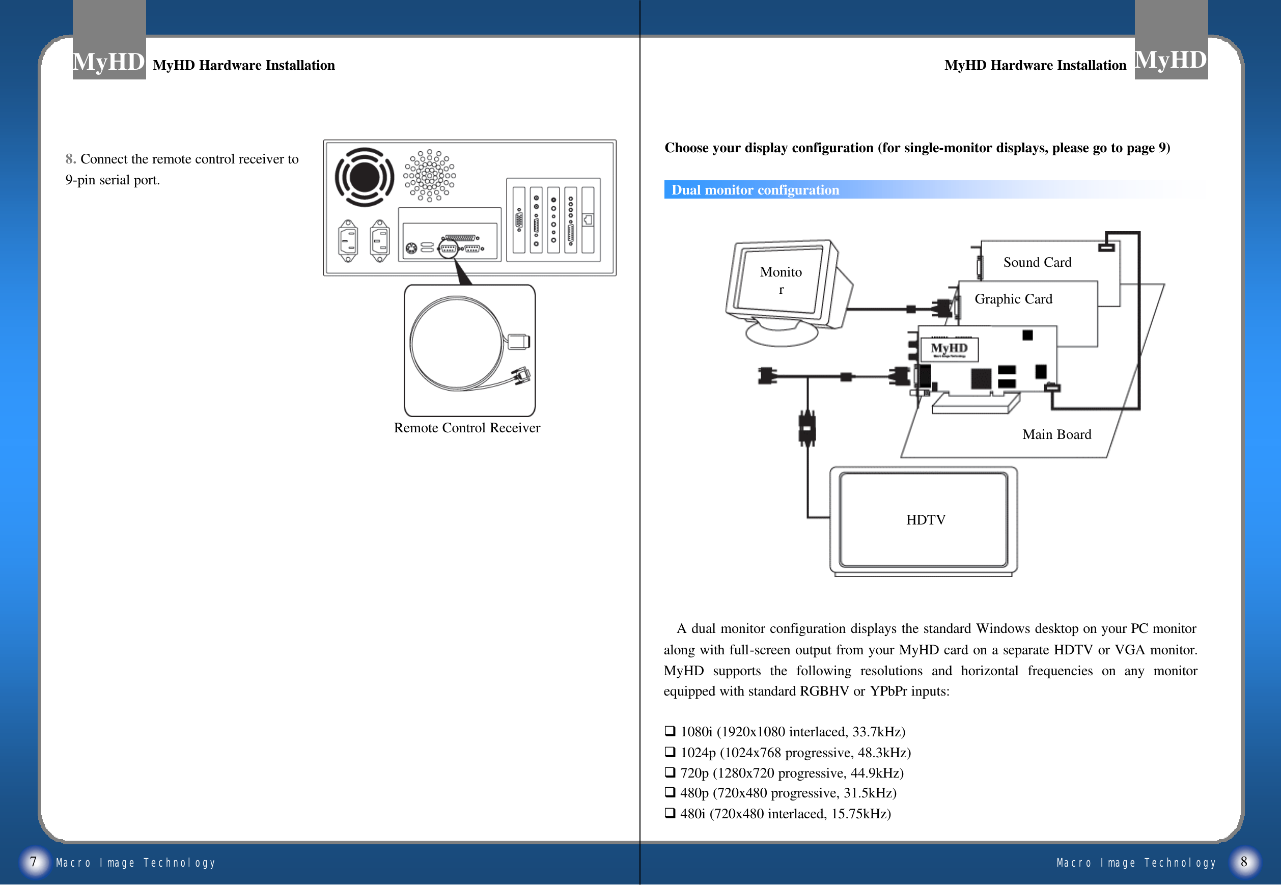 Macro Image TechnologyMyHDMacro Image TechnologyMyHDA dual monitor configuration displays the standard Windows desktop on your PC monitor along with full-screen output from your MyHD card on a separate HDTV or VGA monitor. MyHD supports the following resolutions and horizontal frequencies on any monitor equipped with standard RGBHV or YPbPr inputs:q1080i (1920x1080 interlaced, 33.7kHz)q1024p (1024x768 progressive, 48.3kHz)q720p (1280x720 progressive, 44.9kHz)q480p (720x480 progressive, 31.5kHz)q480i (720x480 interlaced, 15.75kHz)7 8MyHD Hardware InstallationMyHD Hardware Installation MyHD Hardware InstallationMyHD Hardware Installation8. Connect the remote control receiver to 9-pin serial port.MonitorMain BoardGraphic CardSound CardHDTVRemote Control ReceiverDual monitor configurationChoose your display configuration (for single-monitor displays, please go to page 9)
