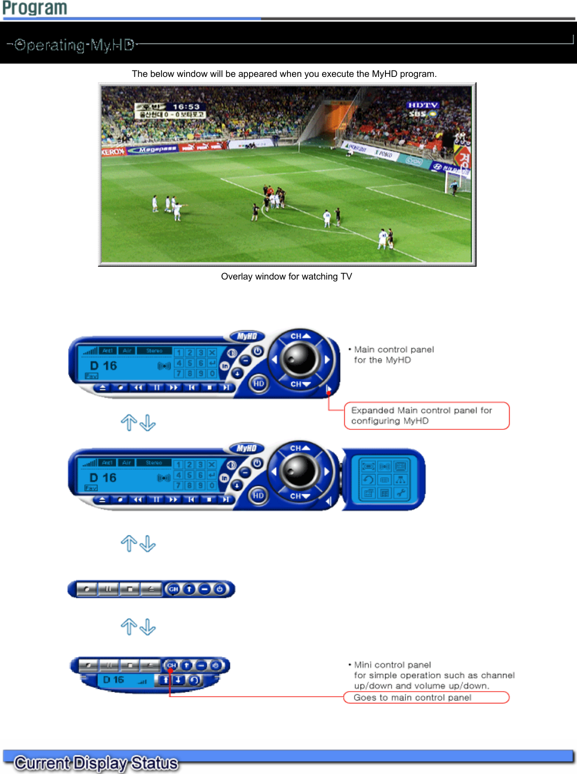      The below window will be appeared when you execute the MyHD program.   Overlay window for watching TV        