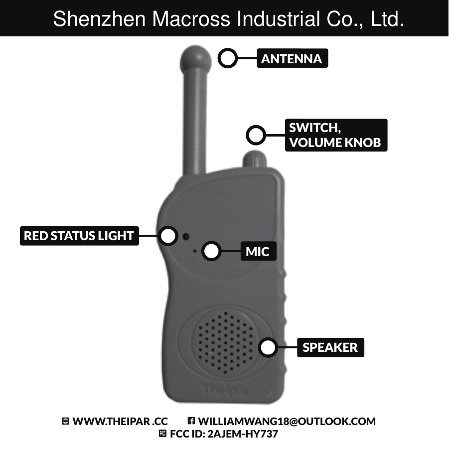 ANTENNASWITCH,VOLUME KNOBRED STATUS LIGHT SPEAKERMICWWW.THEIPAR .CC               WILLIAMWANG18@OUTLOOK.COMFCC ID: 2AJEM-HY737Shenzhen Macross Industrial Co., Ltd.