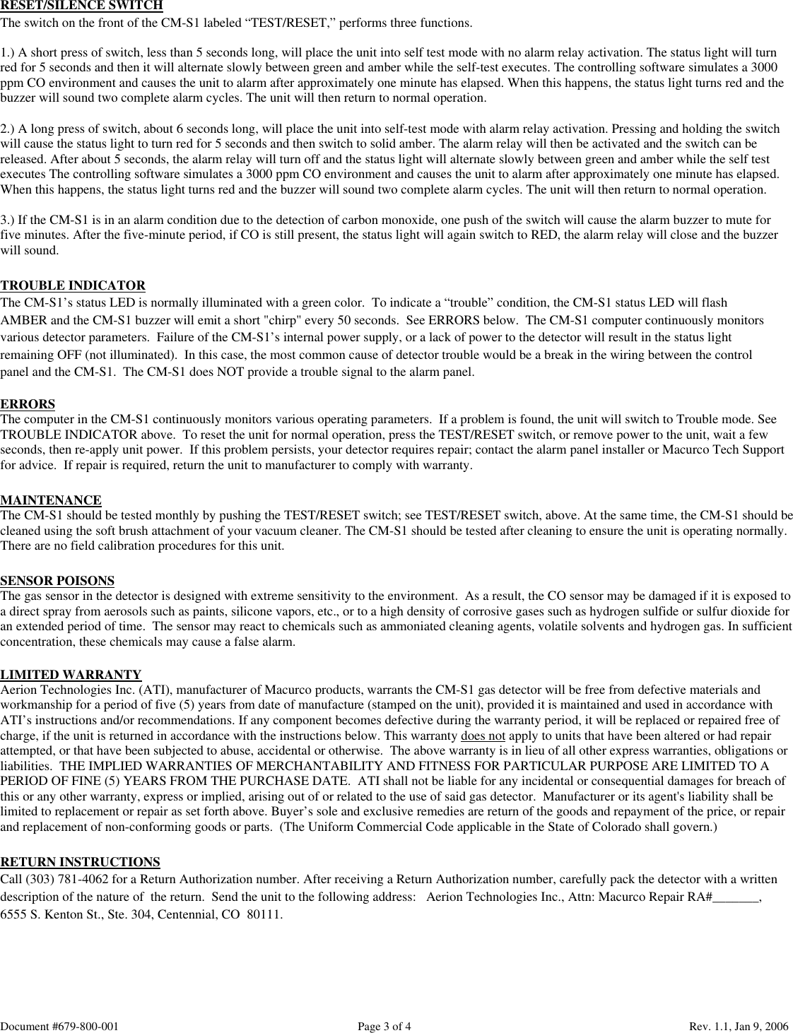 Page 3 of 4 - Macurco Macurco-Cm-S1-Users-Manual CM-S1 INSTALLATION AND OPERATION INSTRUCTIONS #679-800-001…