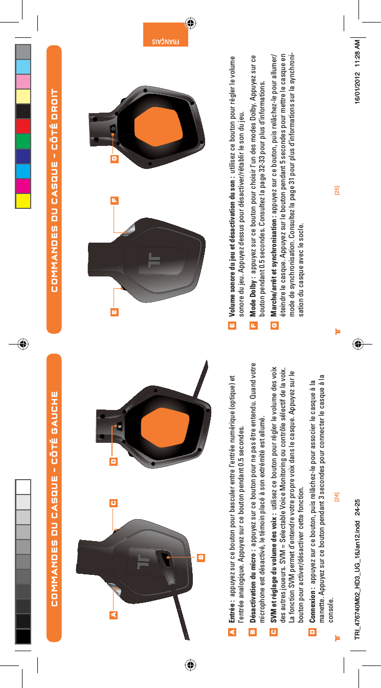 [25]®FRANÇAIS[24]®COMMANDES DU CASQUE – CÔTÉ GAUCHEEntrée :  appuyez sur ce bouton pour basculer entre l’entrée numérique (optique) et l’entrée analogique. Appuyez sur ce bouton pendant 0.5 secondes.Désactivation du micro :  appuyez sur ce bouton pour ne pas être entendu. Quand votre microphone est désactivé, le témoin placé à son extrémité est allumé.SVM et réglage du volume des voix :  utilisez ce bouton pour régler le volume des voix des autres joueurs. SVM = Selectable Voice Monitoring ou contrôle sélectif de la voix. La fonction SVM permet d’entendre votre propre voix dans le casque. Appuyez sur le bouton pour activer/désactiver cette fonction.Connexion :  appuyez sur ce bouton, puis relâchez-le pour associer le casque à la manette. Appuyez sur ce bouton pendant 3 secondes pour connecter le casque à la console.Volume sonore du jeu et désactivation du son :  utilisez ce bouton pour régler le volume sonore du jeu. Appuyez dessus pour désactiver/rétablir le son du jeu.Mode Dolby :  appuyez sur ce bouton pour choisir l’un des modes Dolby. Appuyez sur ce bouton pendant 0.5 secondes. Consultez la page 32-33 pour plus d’informations.Marche/arrêt et synchronisation : appuyez sur ce bouton, puis relâchez-le pour allumer/éteindre le casque. Appuyez sur le bouton pendant 5 secondes pour mettre le casque en mode de synchronisation. Consultez la page 31 pour plus d’informations sur la synchroni-sation du casque avec le socle.COMMANDES DU CASQUE – CÔTÉ DROITABCDEFGABC D E F GTRI_476740M02_HD3_UG_16Jan12.indd   24-25 16/01/2012   11:28 AM