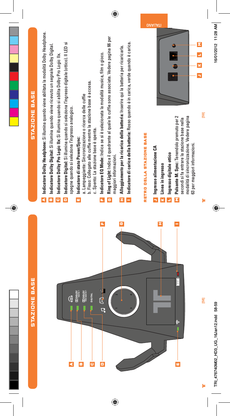 [58] [59]® ®ITALIANOSTAZIONE BASEIndicatore Dolby Headphone:Si illumina quando viene abilitata la modalità Dolby Headphone.Indicatore Dolby Digital: Si illumina quando viene ricevuto un segnale Dolby Digital.Indicatore Dolby Pro Logic IIx: Si illumina quando si abilita Dolby Pro Logic IIx.Indicatore Digital: Si illumina quando si seleziona l’ingresso digitale (ottico). Il LED si spegne quando si seleziona l’ingresso analogico.Indicatore di stato Power/Sync:a. Lampeggiante: Sincronizzazione o ricerca delle cufﬁeb. Fisso: Collegato alle cufﬁe mentre la stazione base è accesa.c. Spento: La stazione base è spenta.Indicatore EQ Mode: Indica se si è selezionata la modalità musica, ﬁlm o gioco.Ring of Light: Indica il quadrante al quale le cufﬁe sono associate. Vedere pagina 66 per maggiori informazioni.Alloggiamento per la ricarica della batteria: Inserire qui la batteria per ricaricarla.Indicatore di carica della batteria: Rosso quando è in carica, verde quando è carica. Ingresso alimentazione CALinea in ingressoIngresso digitale otticoPulsante M. Sync: Tenendolo premuto per 2 secondi si fa entrare la stazione base nella modalità di sincronizzazione. Vedere pagina 63 per maggiori informazioni.ABCDEFGHijklmj k l mRETRO DELLA STAZIONE BASESTAZIONE BASEABCDEFGHiTRI_476740M02_HD3_UG_16Jan12.indd   58-59 16/01/2012   11:28 AM