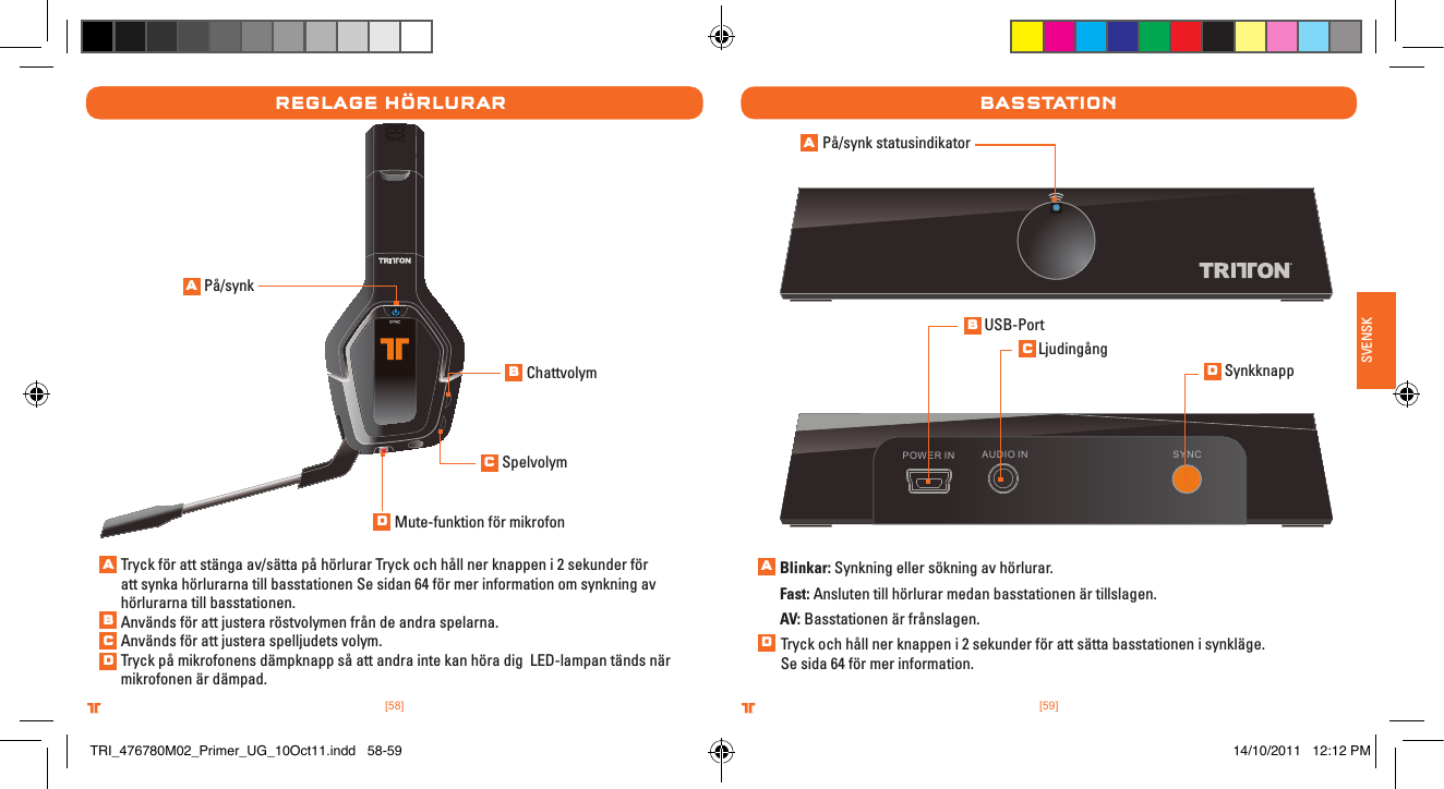 [59].comTRITTONUSA.comTRITTONUSA®®SVENSK[58].comTRITTONUSA.comTRITTONUSA®®På/synkTryck för att stänga av/sätta på hörlurar Tryck och håll ner knappen i 2 sekunder för att synka hörlurarna till basstationen Se sidan 64 för mer information om synkning av hörlurarna till basstationen.Används för att justera röstvolymen från de andra spelarna.  Används för att justera spelljudets volym.Tryck på mikrofonens dämpknapp så att andra inte kan höra dig  LED-lampan tänds när mikrofonen är dämpad.ChattvolymSpelvolymMute-funktion för mikrofonreglage HÖrlurar basstatIonAUDIO IN SYNCPOWER INPå/synk statusindikatorBlinkar: Synkning eller sökning av hörlurar.Fast: Ansluten till hörlurar medan basstationen är tillslagen.AV: Basstationen är frånslagen. USB-PortLjudingångSynkknappTryck och håll ner knappen i 2 sekunder för att sätta basstationen i synkläge. Se sida 64 för mer information.ABCDABCDABCDADTRI_476780M02_Primer_UG_10Oct11.indd   58-59 14/10/2011   12:12 PM