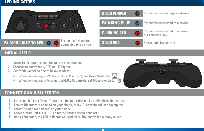 .8LED INDICATORSINITIAL SETUP 1.  Insert fresh batteries into the battery compartment2.  Ensure the controller is OFF (no LED lights) 3.  Set Mode Switch to one of below modes:•  When connecting to Windows PC or Mac OS X, set Mode Switch to:•  When connecting to Android OS/M.O.J.O. console, set Mode Switch to: Product is connected to a device  but battery is lowProduct is connecting to a devicePairing Info is removedProduct is connected to a deviceBLINKING REDSOLID PURPLE SOLID RED BLINKING BLUE Product is ON and not  connected to a deviceBLINKING BLUE TO RED CONNECTING VIA BLUETOOTH1.  Press and hold the “Home” button on the controller until its LED blinks blue and red2.  Ensure Bluetooth is enabled on your phone, M.O.J.O. console, tablet or computer3.  Select ‘search for devices’ on your device4.  Choose ‘Mad Catz C.T.R.L. R’ under the Device List to connect5.  Once connected, the LED indicator will blink blue. The controller is ready to use