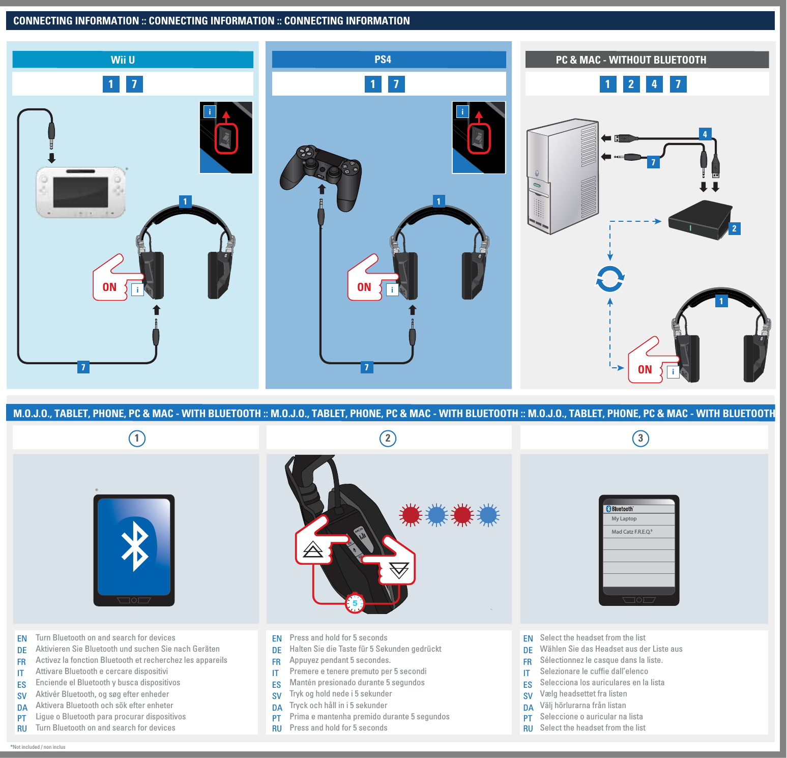 CONNECTING INFORMATION :: CONNECTING INFORMATION :: CONNECTING INFORMATIONONON ONTurn Bluetooth on and search for devicesAktivieren Sie Bluetooth und suchen Sie nach Geräten Activez la fonction Bluetooth et recherchez les appareilsAttivare Bluetooth e cercare dispositiviEnciende el Bluetooth y busca dispositivosAktivér Bluetooth, og søg efter enhederAktivera Bluetooth och sök efter enheterLigue o Bluetooth para procurar dispositivosTurn Bluetooth on and search for devicesENDEFRITESSVDAPTRUENDEFRITESSVDAPTRUENDEFRITESSVDAPTRUPress and hold for 5 secondsHalten Sie die Taste für 5 Sekunden gedrückt Appuyez pendant 5 secondes.Premere e tenere premuto per 5 secondiMantén presionado durante 5 segundosTryk og hold nede i 5 sekunderTryck och håll in i 5 sekunderPrima e mantenha premido durante 5 segundosPress and hold for 5 secondsSelect the headset from the listWählen Sie das Headset aus der Liste ausSélectionnez le casque dans la liste.Selezionare le cuffie dall’elencoSelecciona los auriculares en la listaVælg headsettet fra listenVälj hörlurarna från listanSeleccione o auricular na listaSelect the headset from the list321My LaptopMad Catz F.R.E.Q.9*Not included / non inclus***PC &amp; MAC - WITHOUT BLUETOOTH1 2 4 7PS4Wii U1 7 1 7M.O.J.O., TABLET, PHONE, PC &amp; MAC - WITH BLUETOOTH :: M.O.J.O., TABLET, PHONE, PC &amp; MAC - WITH BLUETOOTH :: M.O.J.O., TABLET, PHONE, PC &amp; MAC - WITH BLUETOOTHiii124717175i i