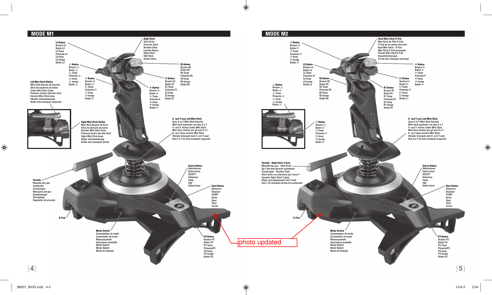 [4] [5] ButtonBouton Botón  TastePulsante -knap-knappBotão L1 ButtonBouton L1Botón L1L1 TastePulsante L1L1-knapL1-knappBotão L1Right StickStick DroitDerecho StickRechter StickLevetta SestraHøjre StickRätt StickDireito StickHead Mini Stick D-PadMini Stick de Tête D-PadD-Pad en la cabeza del stickKopf Mini Stick - D-PadMini Stick D-Pad principalePrimær Mini Stick D-PadHuvudministyrspakD-Pad mini-manípulo principal ButtonBouton Botón  TastePulsante -knap-knappBotão R2 ButtonBouton R2Botón R2R2 TastePulsante R2R2-knapR2-knappBotão R2Left Mini Stick ButtonMini Stick Bouton de GaucheStick de izquierdo de botonLinker Mini Stick TastePulsante sinistro del mini stickVenstre Mini Stick-knapVänster minispaksknappBotão mini-manípulo esquerdo ButtonBouton Botón  TastePulsante -knap-knappBotão Right Mini Stick ButtonMini Stick Bouton de DroitStick de derecho de botonRechter Mini Stick TastePulsante destro del mini stickHøjre Mini Stick-knapHöger minispaksknappBotão mini-manípulo direito ButtonBouton Botón  TastePulsante -knap-knappBotão  ButtonBouton Botón  TastePulsante -knap-knappBotão L2 ButtonBouton L2Botón L2L2 TastePulsante L2L2-knapL2-knappBotão L2L3 ButtonBouton L3Botón L3L3 TastePulsante L3L3-knapL3-knappBotão L3 ButtonBouton Botón  TastePulsante -knap-knappBotão ThrottleManette des gazAceleradorSchubreglerManopola del gasGashåndtagetGasreglageRegulador de pressãoThrottle - Right Stick Y-AxisManette des gaz - Stick DroitEje Y del stick derecho aceleradorSchubregler - Rechter StickStick destro acceleratore per l’asse YSpeeder Højre Stick Y-akseHöger gasreglagespak med Y-axelEixo Y do manípulo direito do aceleradorMode SwitchCommutateur de modeConmutador de modoModusauswahlInterruttore modalitàMode SwitchMode SwitchModo de SeleçãoMode SwitchCommutateur de modeConmutador de modoModusauswahlInterruttore modalitàMode SwitchMode SwitchModo de SeleçãoR3 ButtonBouton R3Botón R3R3 TastePulsante R3R3-knapR3-knappBotão R3 ButtonBouton Botón  TastePulsante-knap-knappBotão X- and Y-axis Left Mini StickAxes X et Y Mini Stick GaucheMini stick izquierdo con ejes X e YX- und Y- Achse Linker Mini StickMini stick sinistro per gli assi X e YX- og Y-akse venstre Mini StickVänster minispak med X- och Y-axelEixo X e Y do mini-manípulo esquerdoX- and Y-axis Left Mini StickAxes X et Y Mini Stick GaucheMini stick izquierdo con ejes X e YX- und Y- Achse Linker Mini StickMini stick sinistro per gli assi X e YX- og Y-akse venstre Mini StickVänster minispak med X- och Y-axelEixo X e Y do mini-manípulo esquerdoD-Pad D-Pad ButtonBouton Botón  TastePulsante-knap-knappBotão R1 ButtonBouton R1Botón R1R1 TastePulsante R1R1-knapR1-knappBotão R1PS ButtonBouton PSBotón PSPS TastePulsantePSPS-knapPS-knappBotão PSPS ButtonBouton PSBotón PSPS TastePulsantePSPS-knapPS-knappBotão PSStart ButtonDémarrerEmpezarSTARTAvvioStartStartIniciarStart ButtonDémarrerEmpezarSTARTAvvioStartStartIniciarSelect ButtonSélectionnerSeleccionarSELECTSelezionaVælgVäljSeleccionarSelect ButtonSélectionnerSeleccionarSELECTSelezionaVælgVäljSeleccionar  MODE M1   MODE M2 88931_MUG.indd   4-588931_MUG.indd   4-5 10-8-3       2:0410-8-3       2:04photo updated