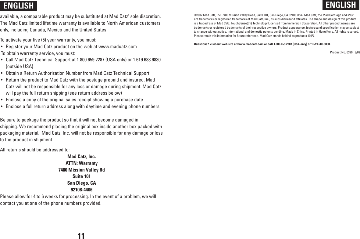 Page 6 of 6 - Mad-Catz Mad-Catz-Mc2-Racing-Wheel-Users-Manual- ManualsLib - Makes It Easy To Find Manuals Online!  Mad-catz-mc2-racing-wheel-users-manual