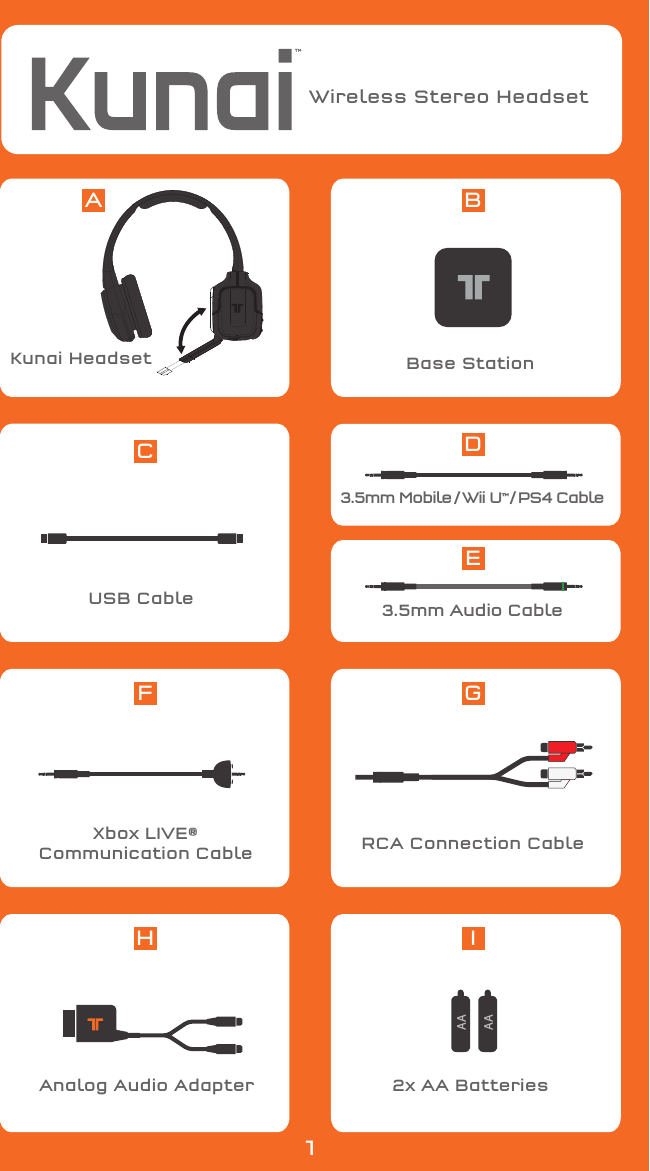 Kunai Headset Base StationRCA Connection Cable3.5mm Mobile / Wii U™ / PS4 CableUSB Cable 2x AA BatteriesXbox LIVE®Communication CableAnalog Audio AdapterAAAAA BCD3.5mm Audio CableEF GH I1Wireless Stereo Headset