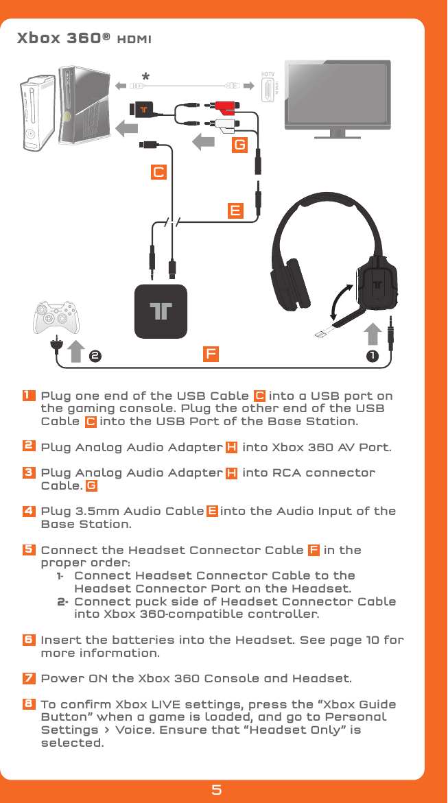 Xbox 360® HDMICEFG12Plug one end of the USB Cable     into a USB port on the gaming console. Plug the other end of the USB Cable     into the USB Port of the Base Station.Plug Analog Audio Adapter     into Xbox 360 AV Port.Plug Analog Audio Adapter     into RCA connector Cable.Plug 3.5mm Audio Cable    into the Audio Input of the Base Station.Connect the Headset Connector Cable     in the proper order: 1-   Connect Headset Connector Cable to the        Headset Connector Port on the Headset. 2-  Connect puck side of Headset Connector Cable       into Xbox 360-compatible controller.Insert the batteries into the Headset. See page 10 for more information.Power ON the Xbox 360 Console and Headset.To conﬁrm Xbox LIVE settings, press the “Xbox Guide Button” when a game is loaded, and go to Personal Settings &gt; Voice. Ensure that “Headset Only” is selected.12345678CCHHEFG5