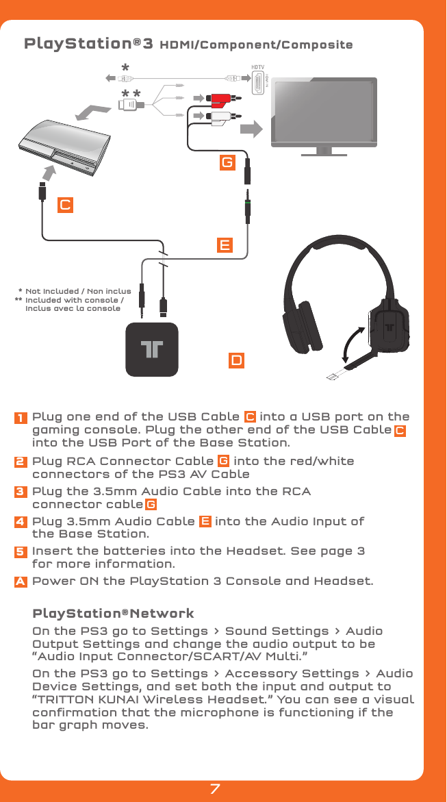 PlayStation®3 HDMI/Component/Composite** *CEGPlug one end of the USB Cable     into a USB port on the gaming console. Plug the other end of the USB Cable into the USB Port of the Base Station.Plug RCA Connector Cable     into the red/white connectors of the PS3 AV CablePlug the 3.5mm Audio Cable into the RCA connector cablePlug 3.5mm Audio Cable     into the Audio Input of the Base Station.Insert the batteries into the Headset. See page 3 for more information.Power ON the PlayStation 3 Console and Headset.PlayStation®NetworkOn the PS3 go to Settings &gt; Sound Settings &gt; Audio Output Settings and change the audio output to be “Audio Input Connector/SCART/AV Multi.”On the PS3 go to Settings &gt; Accessory Settings &gt; Audio Device Settings, and set both the input and output to “TRITTON KUNAI Wireless Headset.” You can see a visual conﬁrmation that the microphone is functioning if thebar graph moves.  *  Not Included / Non inclus  **  Included with console /    Inclus avec la consoleD12345A7CGGEC