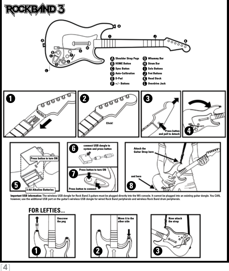 [4]TM11223345678ABCDEFGHIJKLShoulder Strap PegsHOME ButtonSync ButtonAuto-CalibrationD-Pad+ / - ButtonsWhammy BarStrum BarSolo ButtonsFret ButtonsHead StockOverdrive JackClick!Move it to theother sideUnscrewthe pegImportant USB information: The wireless USB dongle for Rock Band 3 guitars must be plugged directly into the Wii console. It cannot be plugged into an existing guitar dongle. You CAN, however, use the additional USB port on the guitar’s wireless USB dongle for wired Rock Band peripherals and wireless Rock Band drum peripherals.Now attachthe strapPress buttonand pull to detachAttach theGuitar Strap hereand hereFOR LEFTIES...3 AA Alkaline Batteriesconnect USB dongle to system and press buttonPress button to turn ONPress button to turn ONPress button to connect