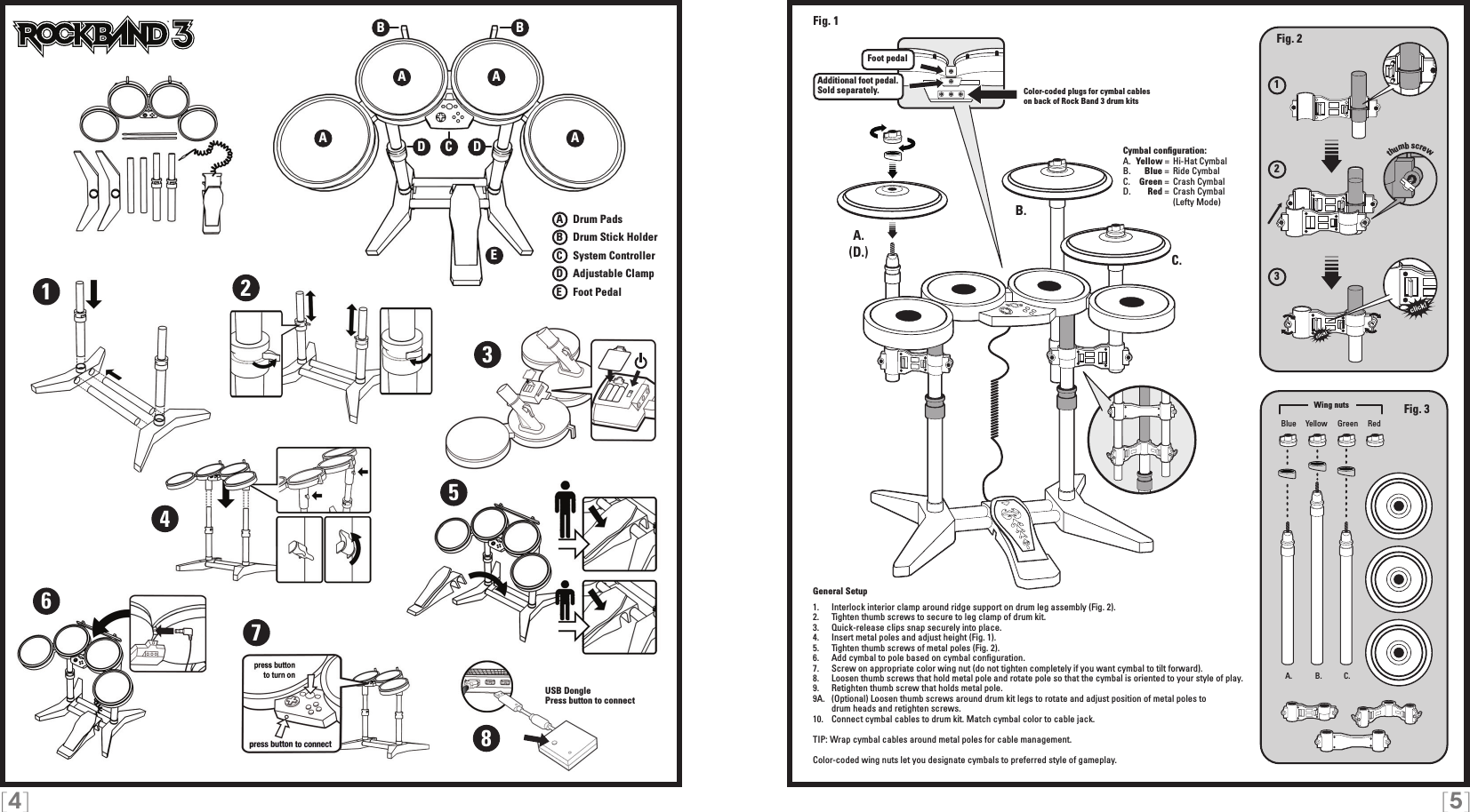 [4] [5]123thumb screwA. B. C.wing nutsA.A.B.C.A   Drum PadsB   Drum Stick HolderC    System ControllerD   Adjustable ClampE    Foot PedalTMColor-coded plugs for cymbal cables on back of Rock Band 3 drum kitsGeneral Setup1.  Interlock interior clamp around ridge support on drum leg assembly (Fig. 2).2.   Tighten thumb screws to secure to leg clamp of drum kit.3.   Quick-release clips snap securely into place.4.   Insert metal poles and adjust height (Fig. 1).5.   Tighten thumb screws of metal poles (Fig. 2).6.   Add cymbal to pole based on cymbal conﬁguration.7.   Screw on appropriate color wing nut (do not tighten completely if you want cymbal to tilt forward).8.   Loosen thumb screws that hold metal pole and rotate pole so that the cymbal is oriented to your style of play.9.   Retighten thumb screw that holds metal pole.9A.  (Optional) Loosen thumb screws around drum kit legs to rotate and adjust position of metal poles to    drum heads and retighten screws.10.   Connect cymbal cables to drum kit. Match cymbal color to cable jack.TIP: Wrap cymbal cables around metal poles for cable management.Color-coded wing nuts let you designate cymbals to preferred style of gameplay. Foot pedalAdditional foot pedal.Sold separately.Fig. 2Fig. 3(D.)Fig. 1Blue GreenYellow RedCymbal conﬁguration:A.  Yellow = Hi-Hat CymbalB.    Blue =  Ride CymbalC.   Green =  Crash CymbalD.    Red =  Crash Cymbal                 (Lefty Mode)A AEA ABBCDD12345678USB DonglePress button to connectWing nuts