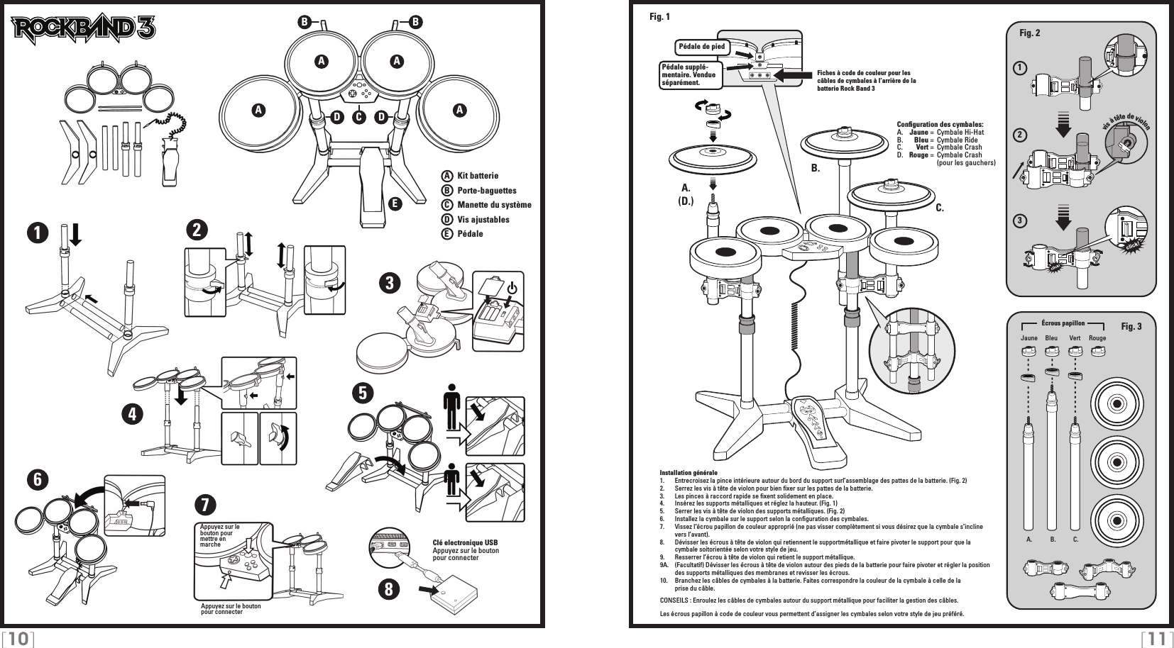 [10] [11]123TMInstallation générale1.   Entrecroisez la pince intérieure autour du bord du support surl’assemblage des pattes de la batterie. (Fig. 2)2.   Serrez les vis à tête de violon pour bien ﬁxer sur les pattes de la batterie.3.   Les pinces à raccord rapide se ﬁxent solidement en place.4.   Insérez les supports métalliques et réglez la hauteur. (Fig. 1)5.   Serrer les vis à tête de violon des supports métalliques. (Fig. 2)6.   Installez la cymbale sur le support selon la conﬁguration des cymbales.7.   Vissez l’écrou papillon de couleur approprié (ne pas visser complètement si vous désirez que la cymbale s’incline    vers l’avant).8.   Dévisser les écrous à tête de violon qui retiennent le supportmétallique et faire pivoter le support pour que la    cymbale soitorientée selon votre style de jeu.9.   Resserrer l’écrou à tête de violon qui retient le support métallique.9A.  (Facultatif) Dévisser les écrous à tête de violon autour des pieds de la batterie pour faire pivoter et régler la position    des supports métalliques des membranes et revisser les écrous.10.   Branchez les câbles de cymbales à la batterie. Faites correspondre la couleur de la cymbale à celle de la    prise du câble.CONSEILS : Enroulez les câbles de cymbales autour du support métallique pour faciliter la gestion des câbles.Les écrous papillon à code de couleur vous permettent d’assigner les cymbales selon votre style de jeu préféré.A. B. C.A.A.B.C.TMPédale de piedPédale supplé-mentaire. Vendue séparément.Fig. 2Fig. 3(D.)Fig. 1Jaune VertBleu RougeA AEA ABBCDD12345678Clé electronique USBAppuyez sur le bouton pour connecterA   Kit batterieB   Porte-baguettesC    Manette du systèmeD   Vis ajustablesE    PédaleAppuyez sur le bouton pour  mettre en  marcheAppuyez sur le bouton pour connecterFiches à code de couleur pour les câbles de cymbales à l’arrière de la batterie Rock Band 3Conﬁguration des cymbales:A.   Jaune =  Cymbale Hi-HatB.    Bleu =  Cymbale Ride C.    Vert =  Cymbale CrashD.   Rouge =  Cymbale Crash       (pour les gauchers)Écrous papillonvis à tête de violon