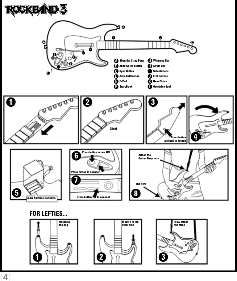 [4]TM11223345678ABCDEFGHIJKLShoulder Strap PegsXbox Guide ButtonSync ButtonAuto-CalibrationD-PadStart/BackWhammy BarStrum BarSolo ButtonsFret ButtonsHead StockOverdrive JackClick!3 AA Alkaline BatteriesMove it to theother sideUnscrewthe pegNow attachthe strapPress button to turn ONPress button to connectPress button        to connectPress buttonand pull to detachAttach theGuitar Strap hereand hereFOR LEFTIES...