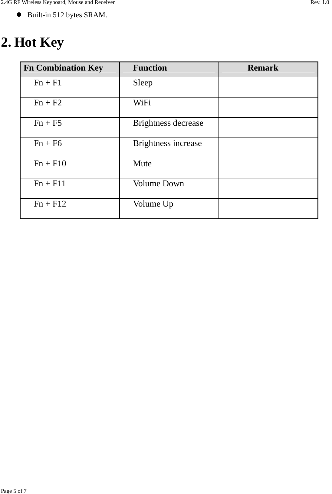 2.4G RF Wireless Keyboard, Mouse and Receiver                                                                     Rev. 1.0         Page 5 of 7  Built-in 512 bytes SRAM.  2. Hot Key  Fn Combination Key  Function  Remark Fn + F1  Sleep   Fn + F2  WiFi     Fn + F5  Brightness decrease   Fn + F6  Brightness increase   Fn + F10  Mute   Fn + F11  Volume Down   Fn + F12  Volume Up                
