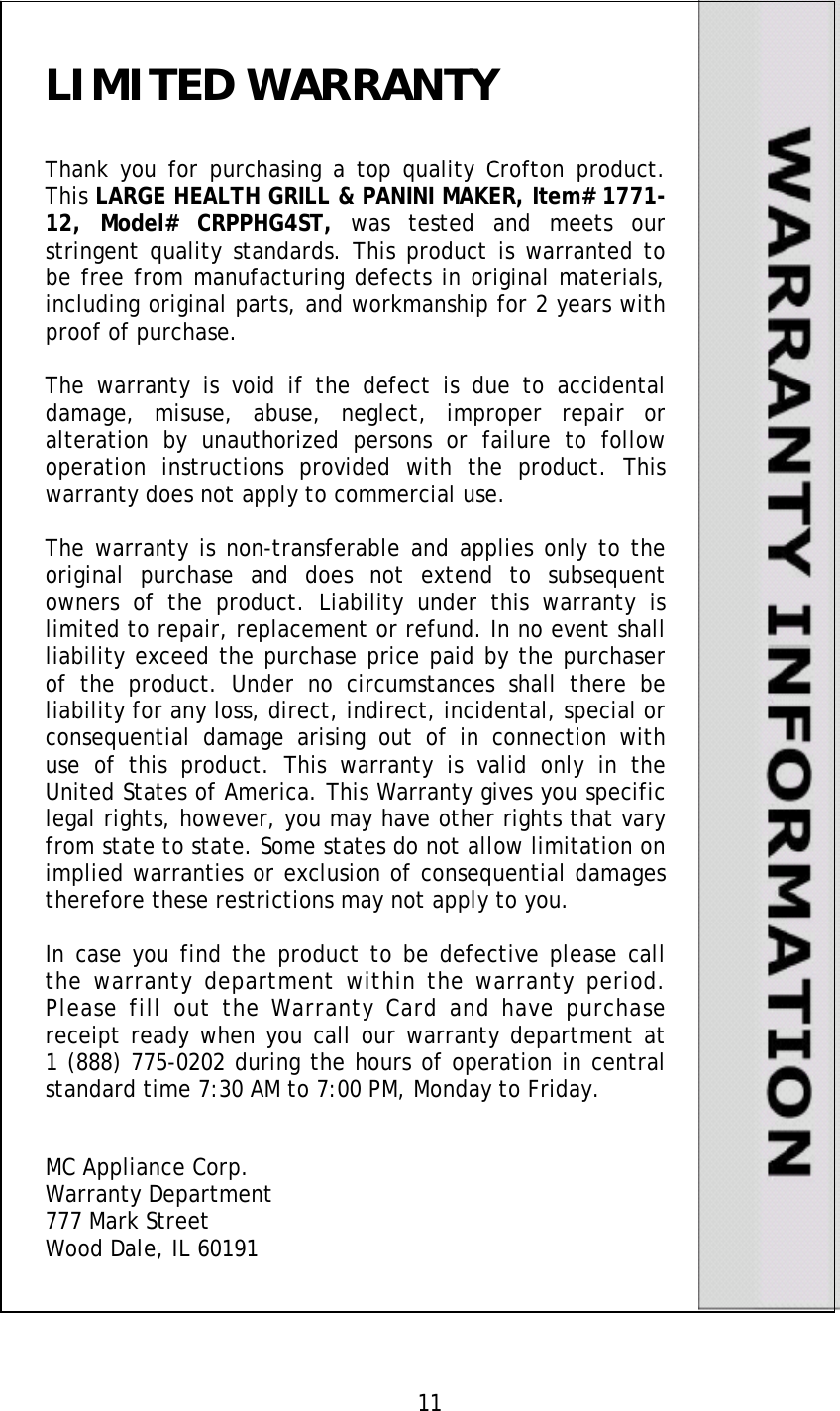 Page 11 of 11 - Magic-Chef Magic-Chef-Crpphg4St-Owners-Manual - Crofton CRPPHG4ST Manual 20120509b