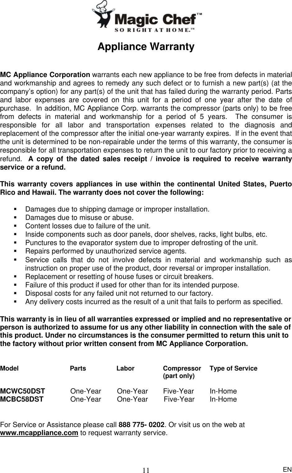 Page 12 of 12 - Magic-Chef Magic-Chef-Mcbc58Dst-Users-Manual-  Magic-chef-mcbc58dst-users-manual