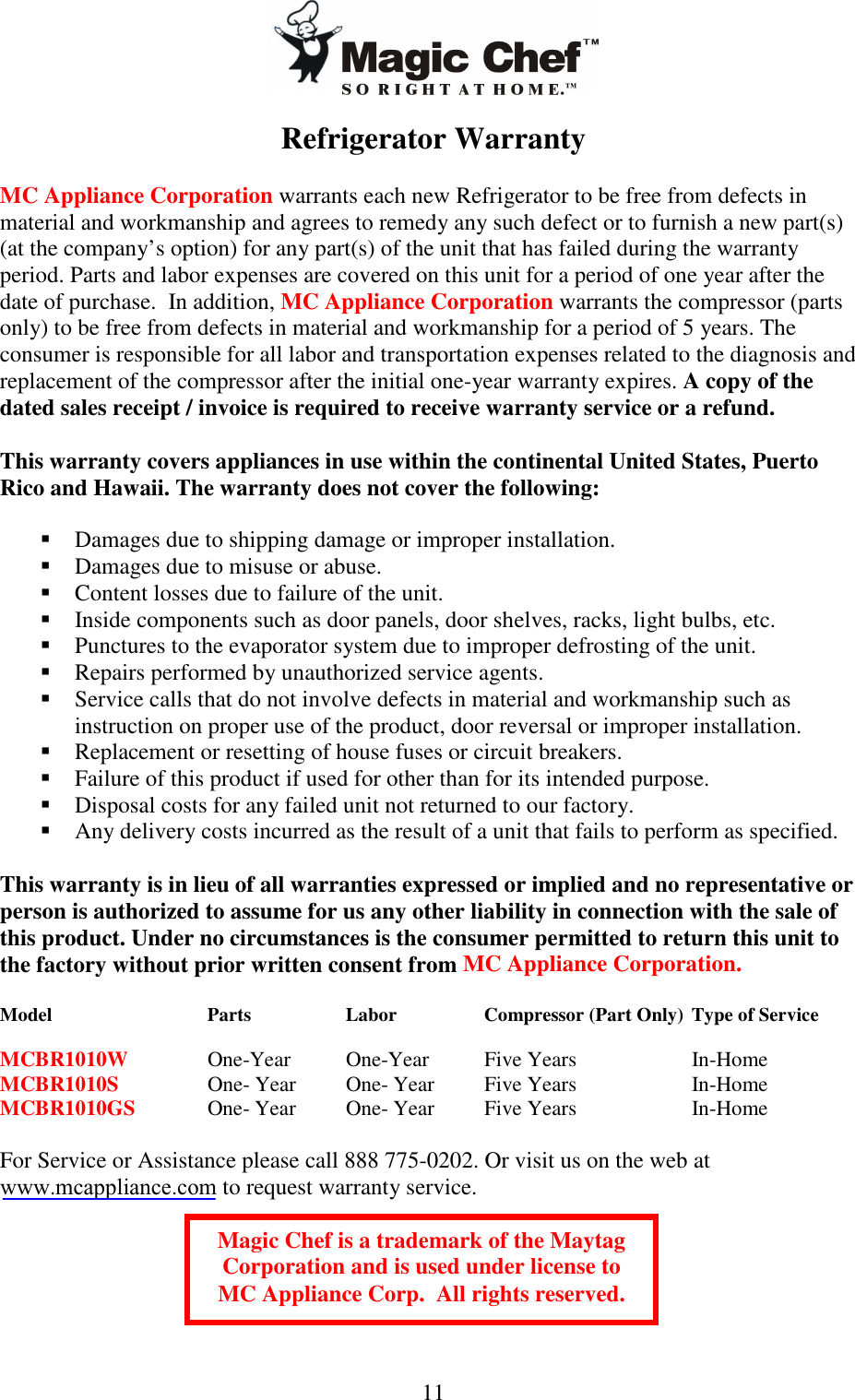Page 12 of 12 - Magic-Chef Magic-Chef-Mcbr1010W-Owners-Manual - Manual For MCBR1010W_S_GS _Spanish_ 4.24.06