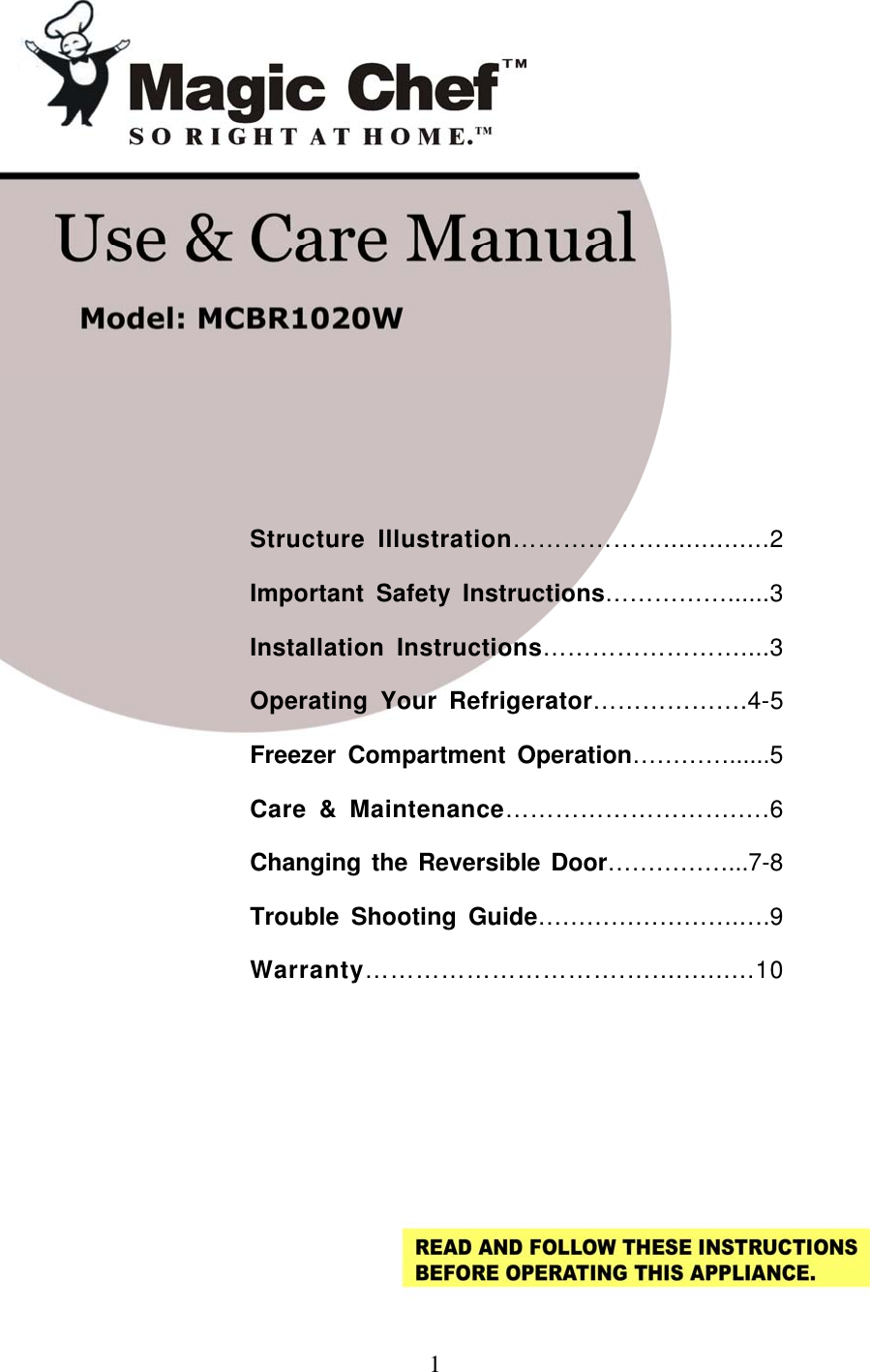 Page 1 of 10 - Magic-Chef Magic-Chef-Mcbr1020W-Owners-Manual - MCBR1020W  Manual