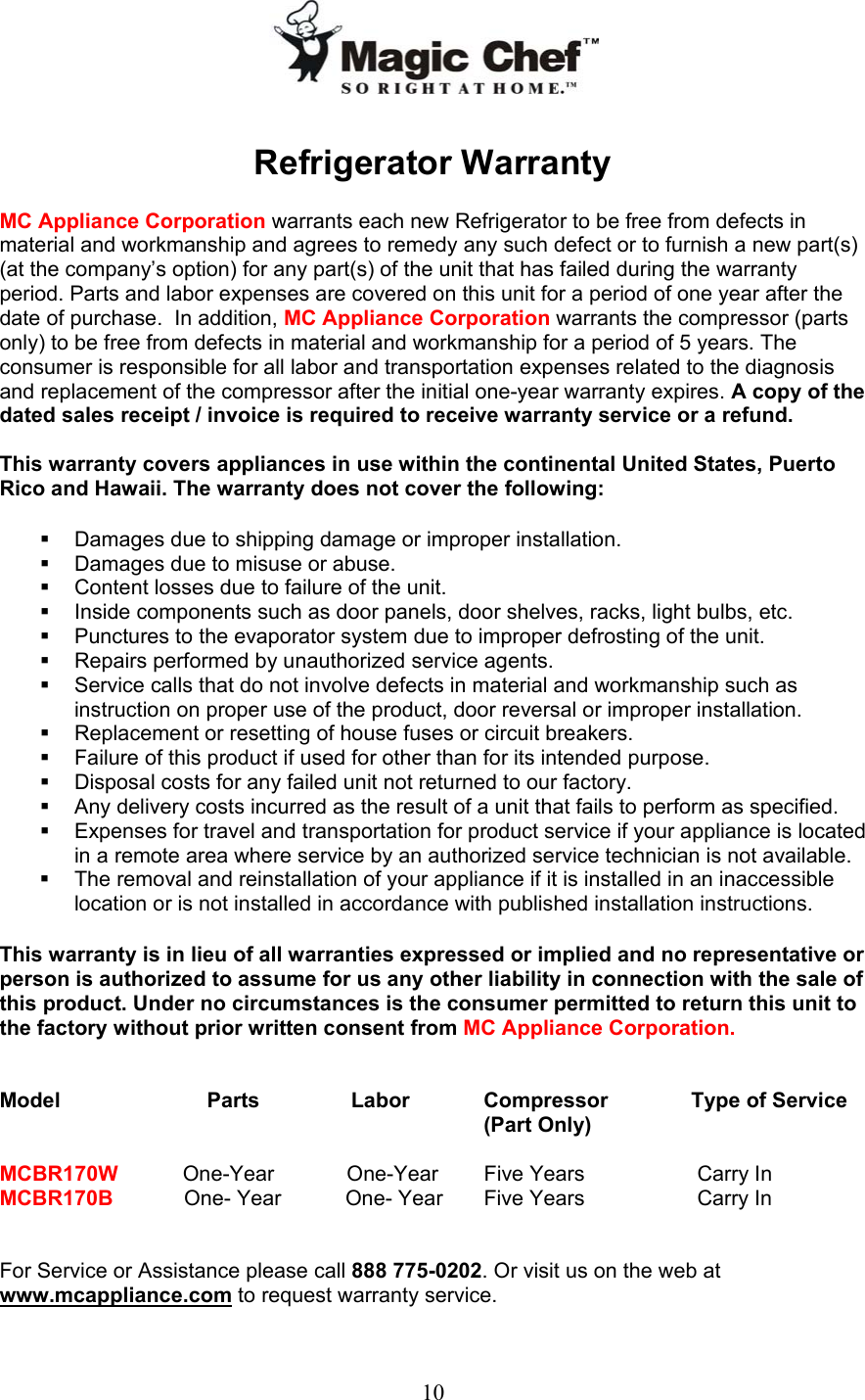 Page 11 of 11 - Magic-Chef Magic-Chef-Mcbr170B-Users-Manual Manual For MCBR170W.B _English_ - 4.25.07