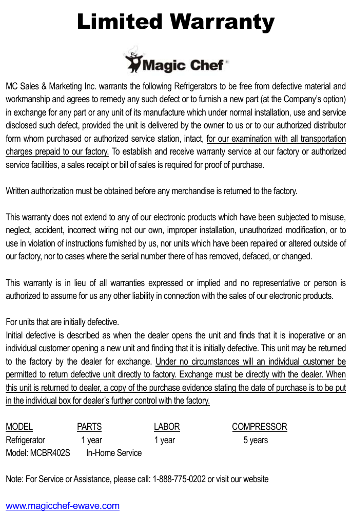 Page 9 of 10 - Magic-Chef Magic-Chef-Mcbr402S-Users-Manual MCBR402S Of 2003-12-29