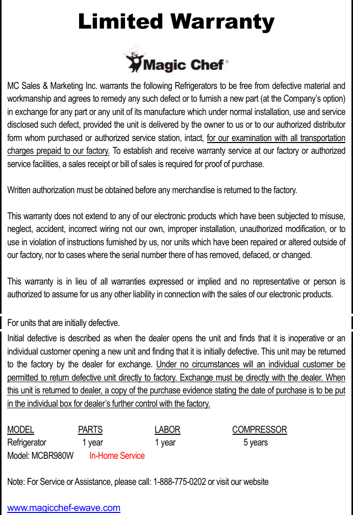 Page 9 of 10 - Magic-Chef Magic-Chef-Mcbr980W-Users-Manual MCBR980W Of 2003-12