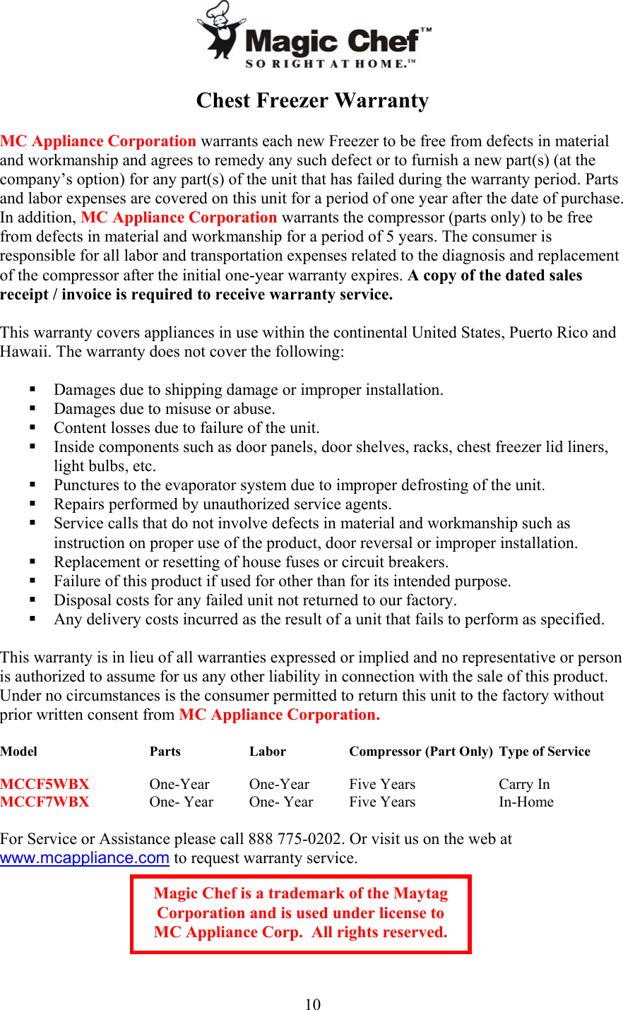 Page 11 of 11 - Magic-Chef Magic-Chef-Mccf7Wbx-Owners-Manual - Manual For Chest Freezer _English_ 4.30.08 _confirmed_