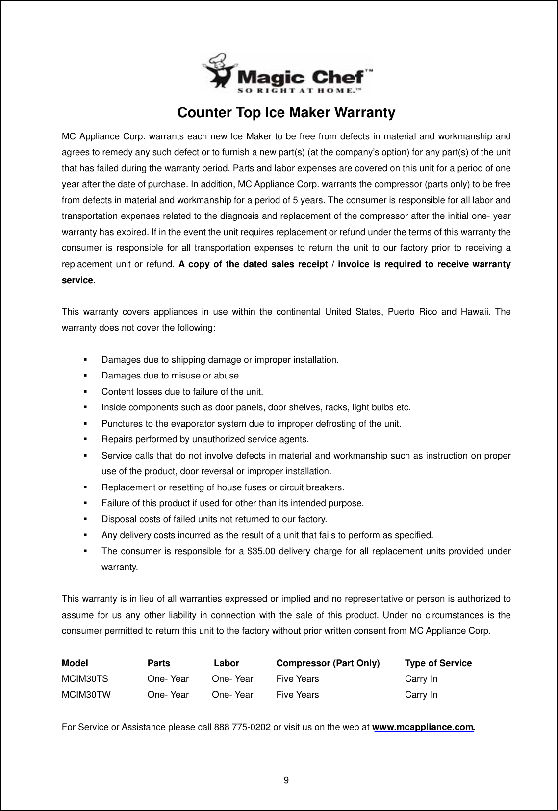 Page 10 of 10 - Magic-Chef Magic-Chef-Mcim30Tw-Owners-Manual PARAMETERS & CIRCUIT DIAGRAM