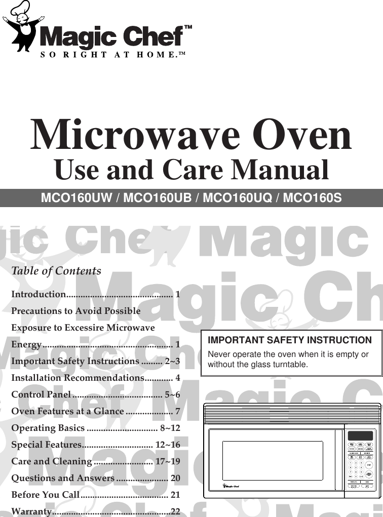 Magic Chef Mco160Ub Owners Manual HDUS KOT 1G0A9A(..)