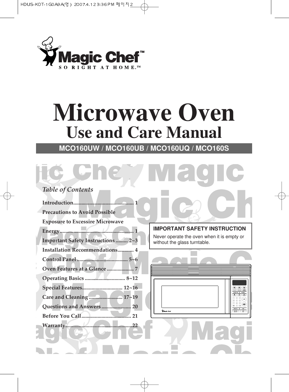 Magic Chef Mco160Ub Users Manual HDUS KOT 1G0A9A(..)