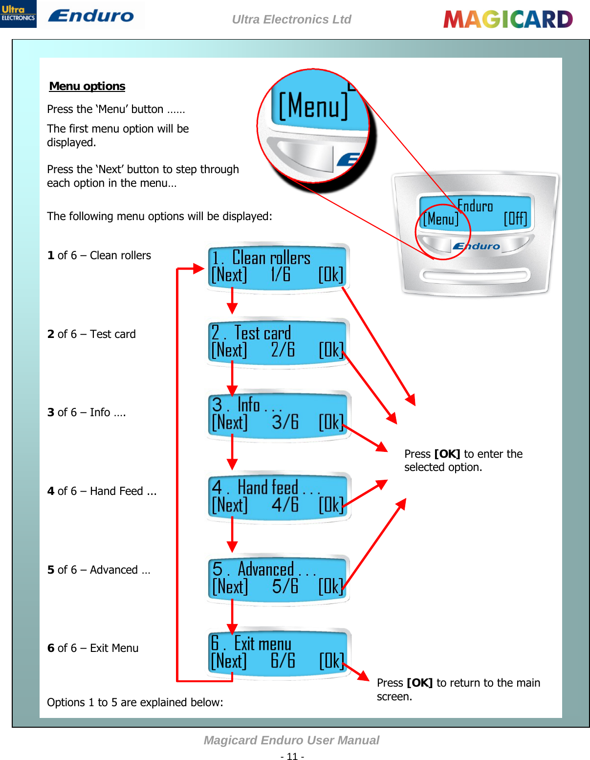 Ultra Electronics Ltd Magicard Enduro User Manual  - 11 -      Press the ‘Menu’ button …… The first menu option will be displayed.  Press the ‘Next’ button to step through each option in the menu…  The following menu options will be displayed:  1 of 6 – Clean rollers    2 of 6 – Test card    3 of 6 – Info ….    4 of 6 – Hand Feed ...    5 of 6 – Advanced …    6 of 6 – Exit Menu    Options 1 to 5 are explained below: Press [OK] to return to the main screen. Press [OK] to enter the selected option. Menu options                    
