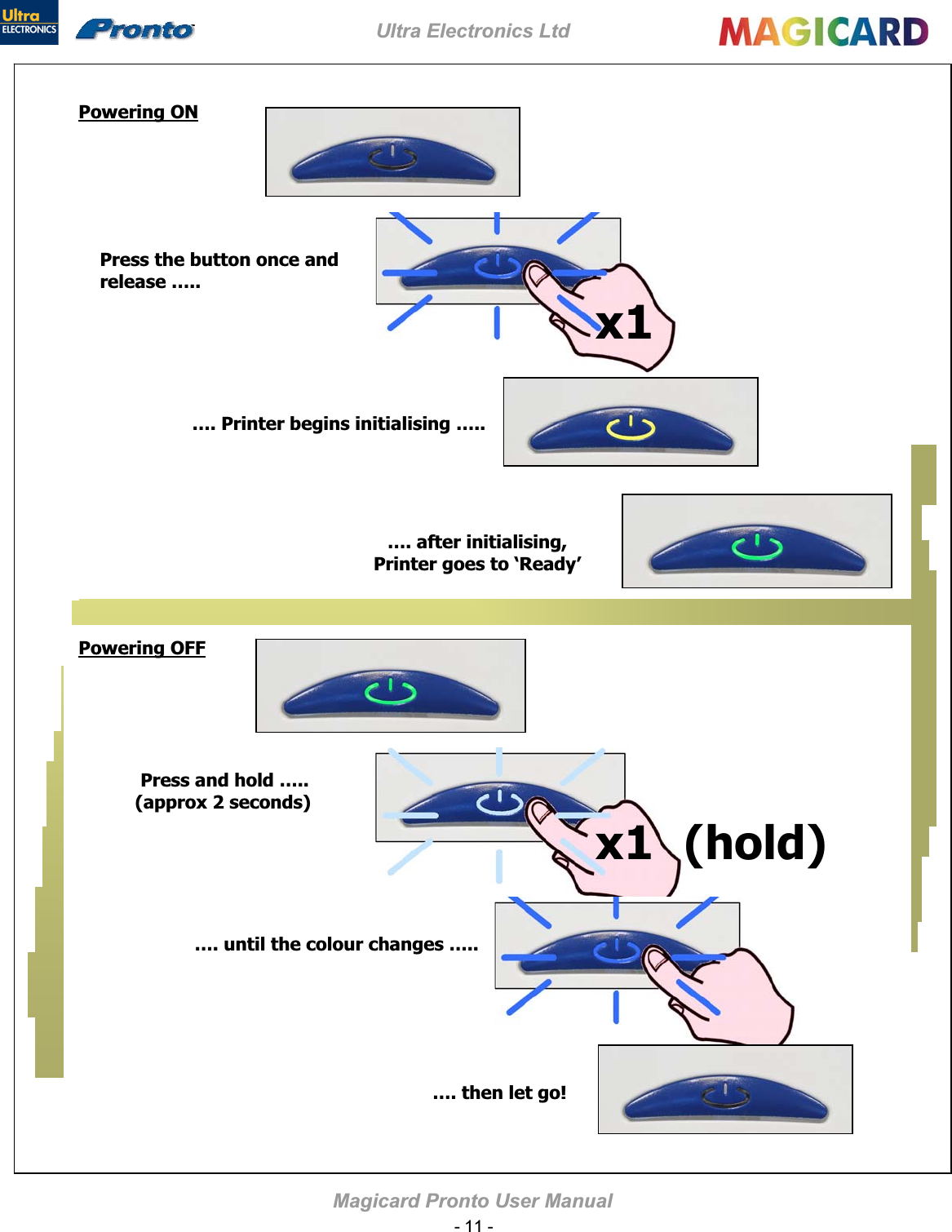 Ultra Electronics Ltd Magicard Pronto User Manual Powering ONPowering OFF Press and hold …..  (approx 2 seconds)   Press the button once and release …..…. Printer begins initialising ….. …. after initialising, Printer goes to ‘Ready’x1x1  (hold)…. until the colour changes ….. …. then let go!