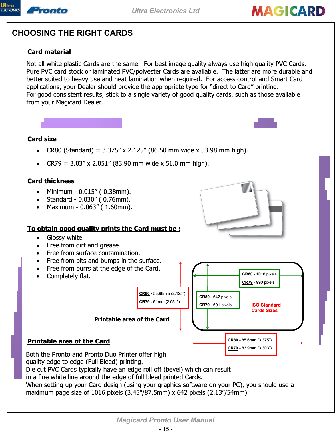 Ultra Electronics Ltd Magicard Pronto User Manual &amp;+226,1*7+(5,*+7&amp;$5&apos;6Card materialCard sizexxxxxCard thicknessTo obtain good quality prints the Card must be :xxxxxx&amp;5SL[HOV&amp;5 SL[HOV&amp;5PP´&amp;5PP´&amp;5PP´&amp;5PP´&amp;5S&amp;5L[HOVSL[HOV,626WDQGDUG&amp;DUGV6L]HVPrintable area of the CardPrintable area of the Card