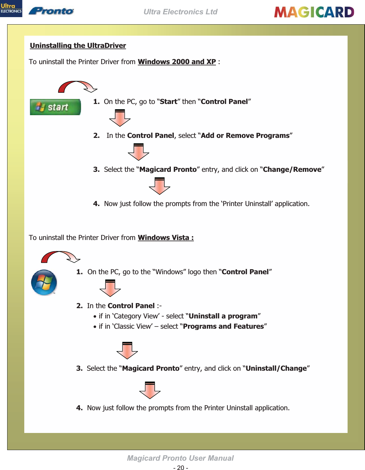 Ultra Electronics Ltd Magicard Pronto User Manual Windows 2000 and XP Windows Vista :Uninstalling the UltraDriver1. StartControl Panel2.Control PanelAdd or Remove Programs3.Magicard ProntoChange/Remove4.1.Control Panel2.Control Panel xUninstall a programxPrograms and Features3. Magicard ProntoUninstall/Change4.